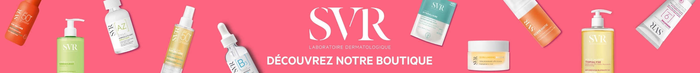 Bannière publicitaire pour le Laboratoire Dermatologique SVR. L'image présente une large sélection de produits de soin (gammes Sun Secure, Sebiaclear, Ampoule [B3], Biotic, Topialyse, etc.) disposés de manière dynamique sur un fond rose vif. Au centre, le logo SVR est accompagné du slogan « BIEN DANS MA PEAU ».