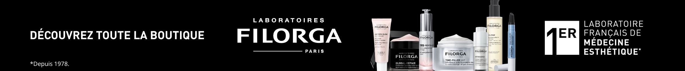 Bannière publicitaire pour les Laboratoires FILORGA Paris, "1er Laboratoire français de médecine esthétique". Sur un fond noir élégant, l'image présente une sélection de produits de soin premium, dont la crème Time-Filler 5XP, le sérum NCEF-RE-VITALIZE, la crème Global-Repair, ainsi que des soins pour le regard et le teint. À gauche, le texte « Découvrez toute la boutique » invite à l'exploration de la marque. La mention « Depuis 1978 » rappelle l'expertise historique du laboratoire.