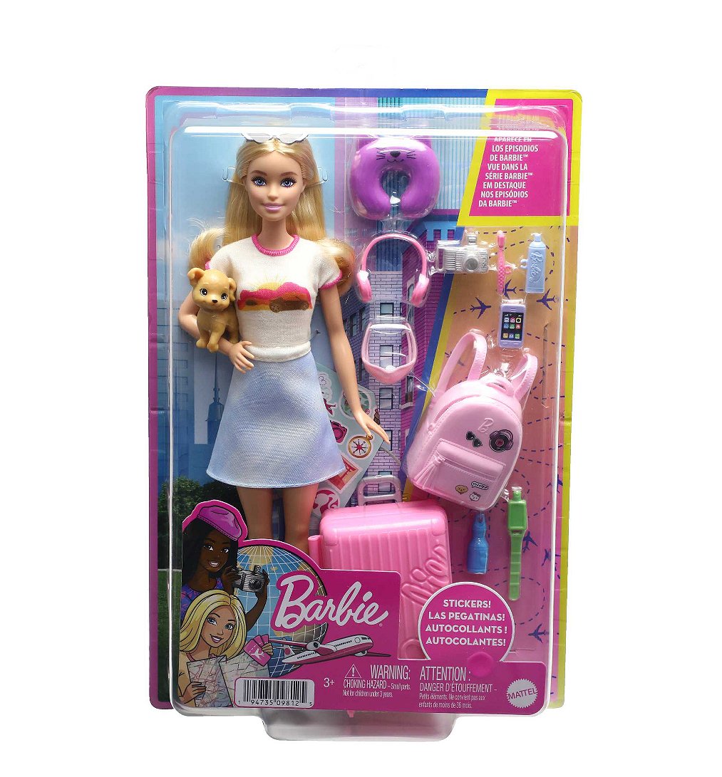 Barbie - Coffret Poupée Malibu en Voyage - Coffret Poupée Mannequin - 3 ans et +