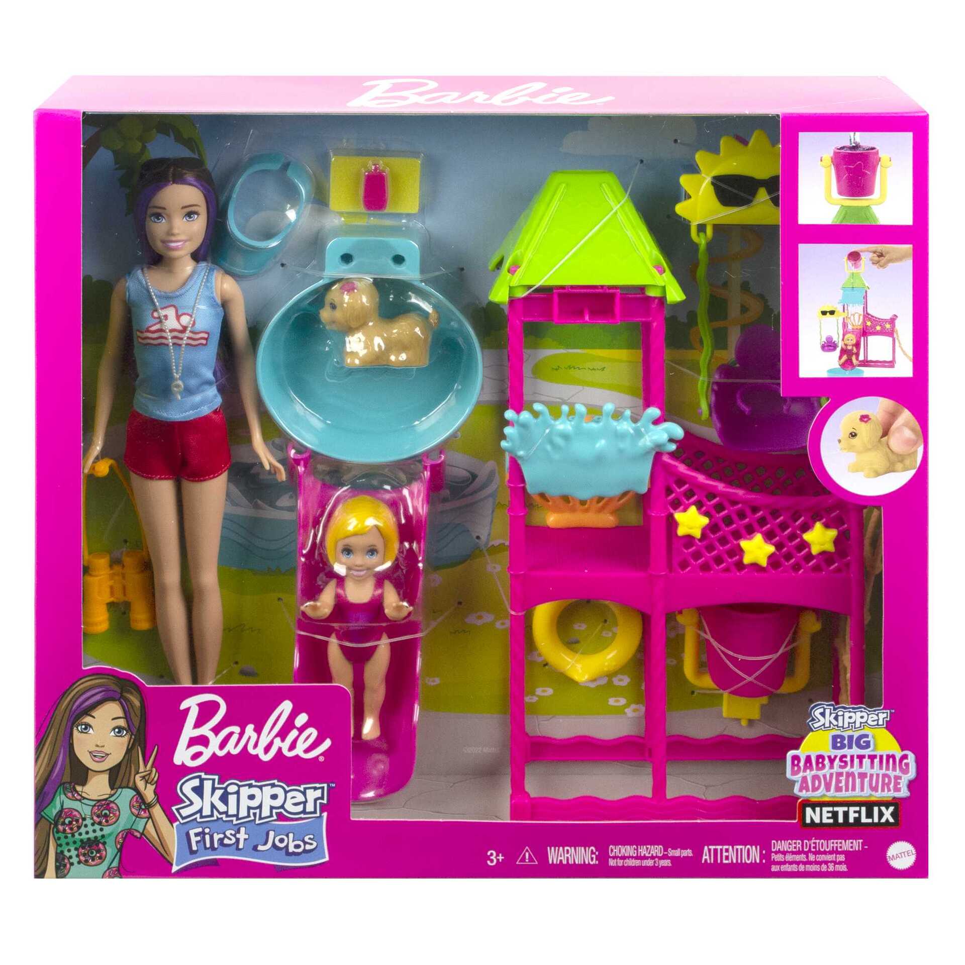 Barbie - Skipper Premiers Jobs Coffret Parc Aquatique - Poupée Mannequin - 3 ans et +
