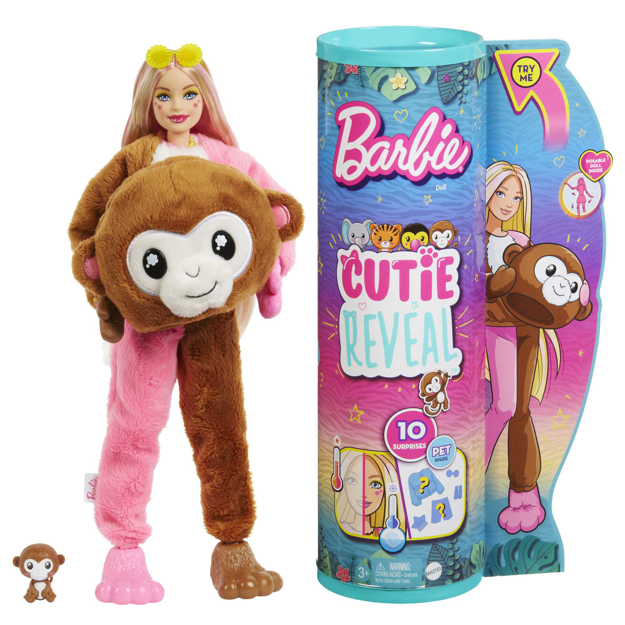 Barbie - Poupée Cutie Reveal Série Jungle avec singe