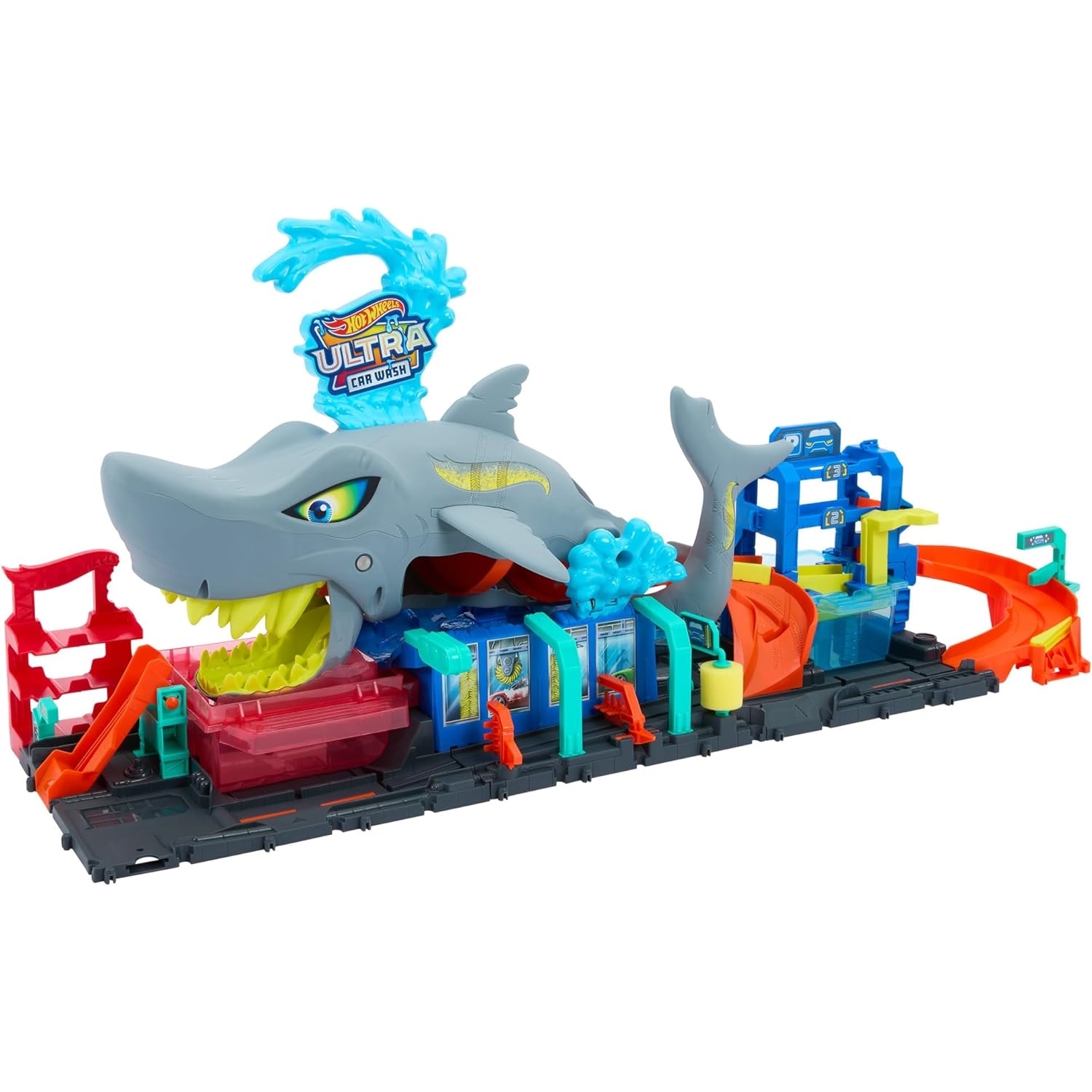 Hot Wheels Let’ Race Netflix City Station de Lavage Requin Coffret Piste de Course avec Voiture Color Reveal à ’échelle 164 Fonction de Changement de Couleur et Rangement HTN82