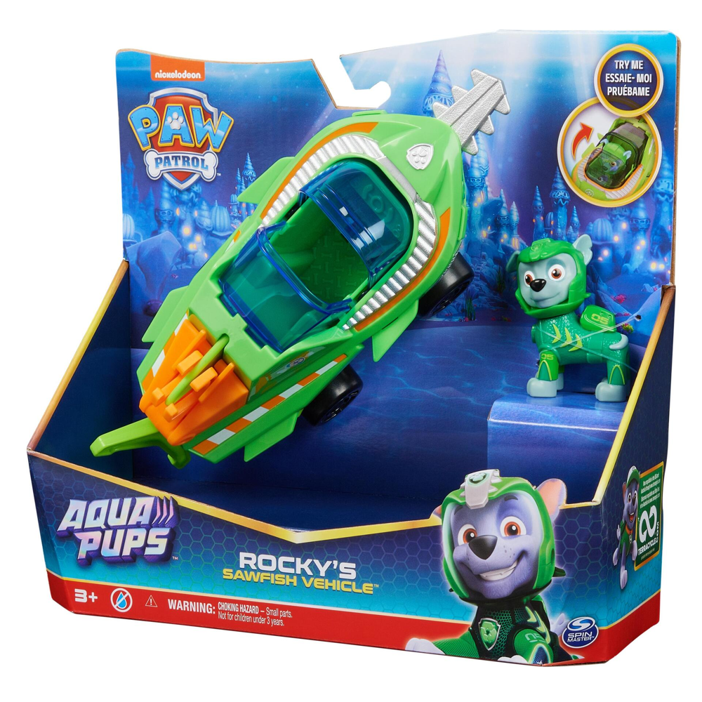 PAW Patrol PAT' PATROUILLE AQUA PUPS - Voiture + Figurine Rocky - Voiture Pat Patrouille Rocky - Fig