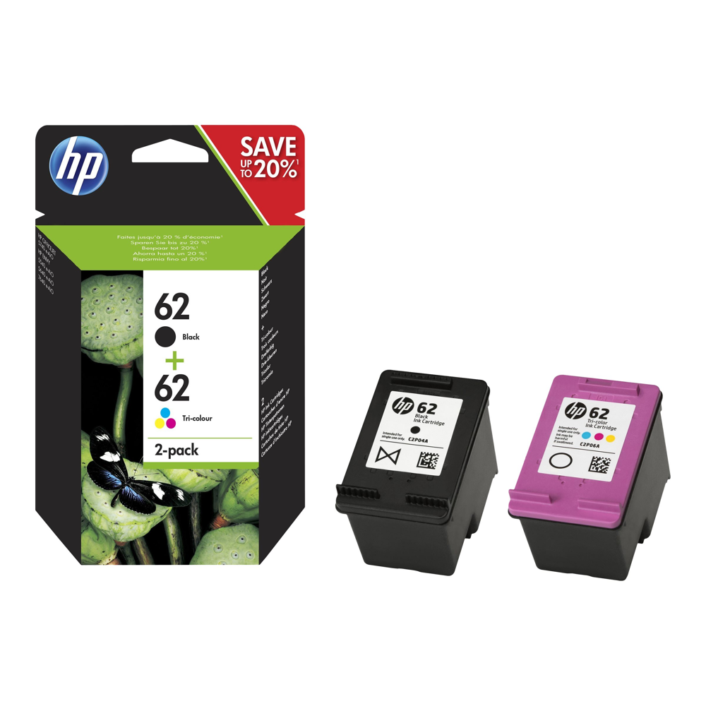 Pack de 2 Cartouches d'Encre HP 62 Noire et Trois Couleurs Authentiques (N9J71AE)