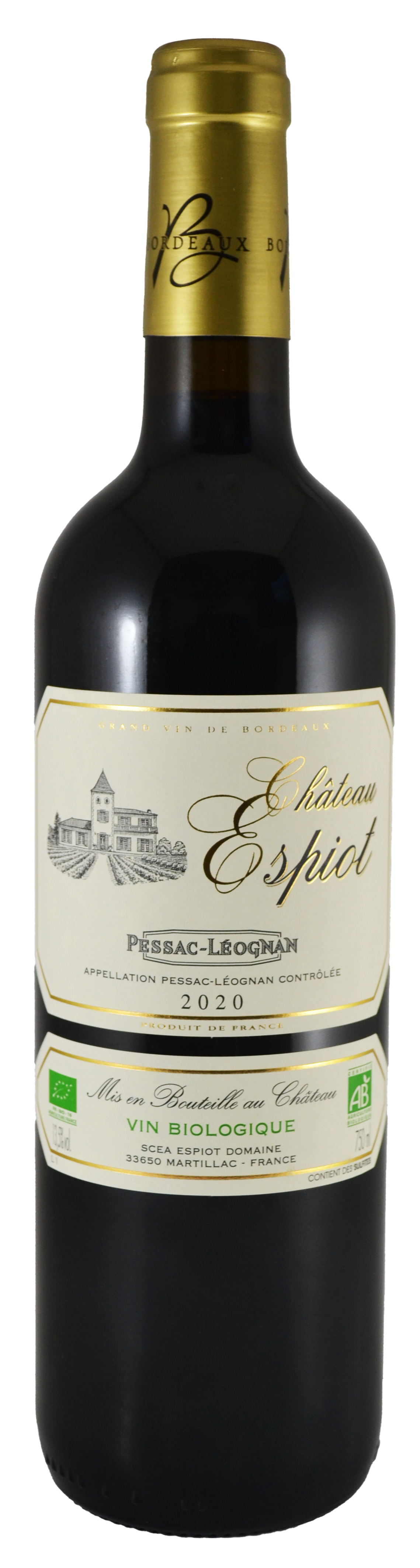 Château Espiot BIO, 2020 - Pessac-Léognan AOP - Rouge - 75 cl - étiquette abîmée