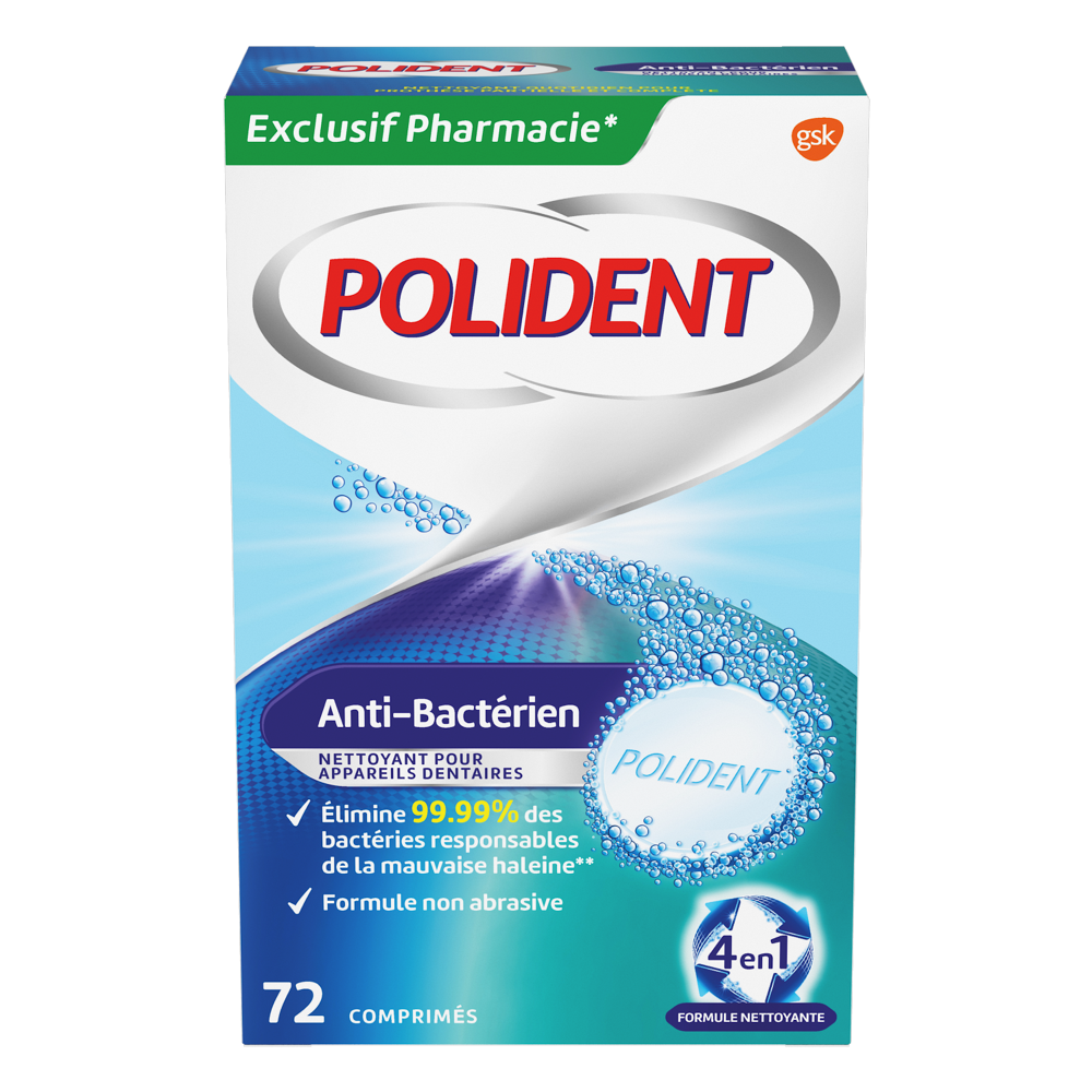 Polident nettoyant antibactérien 72 comprimés