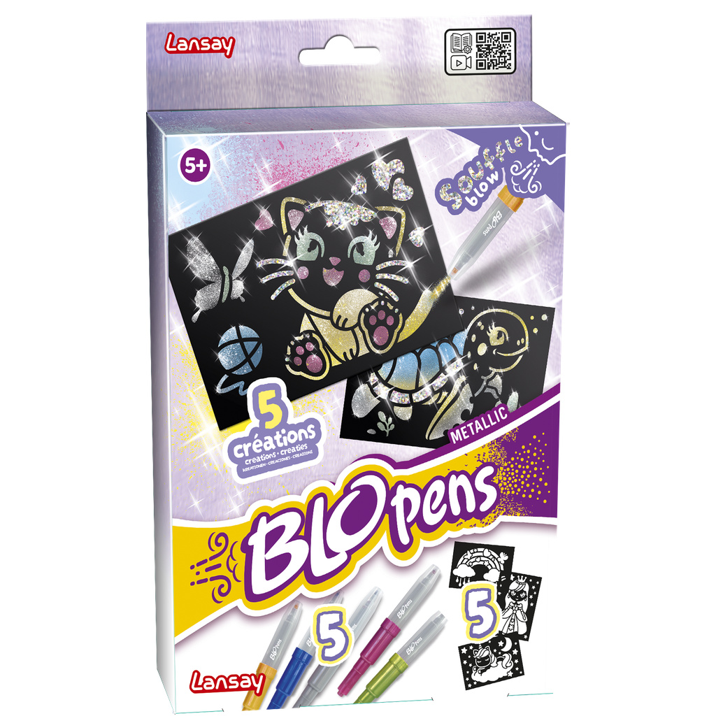 Lansay | BLOPENS SET METALLIC | Kit Créatif Enfants avec 5 Feutres Souffleurs Métalliques + Pochoirs Réutilisables + Feuilles Noires | Effet Aérographe Magique | Dessin et + - vue 4