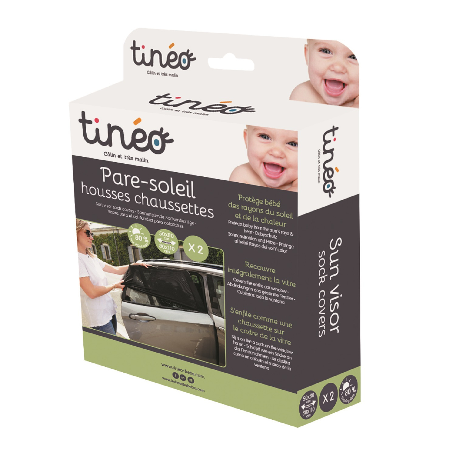 Pare soleil Voiture Bébé TINEO 2 Housses Chaussettes Ombrage 80% Protection Chaleur UV Universelle 50x80cm 80x110cm