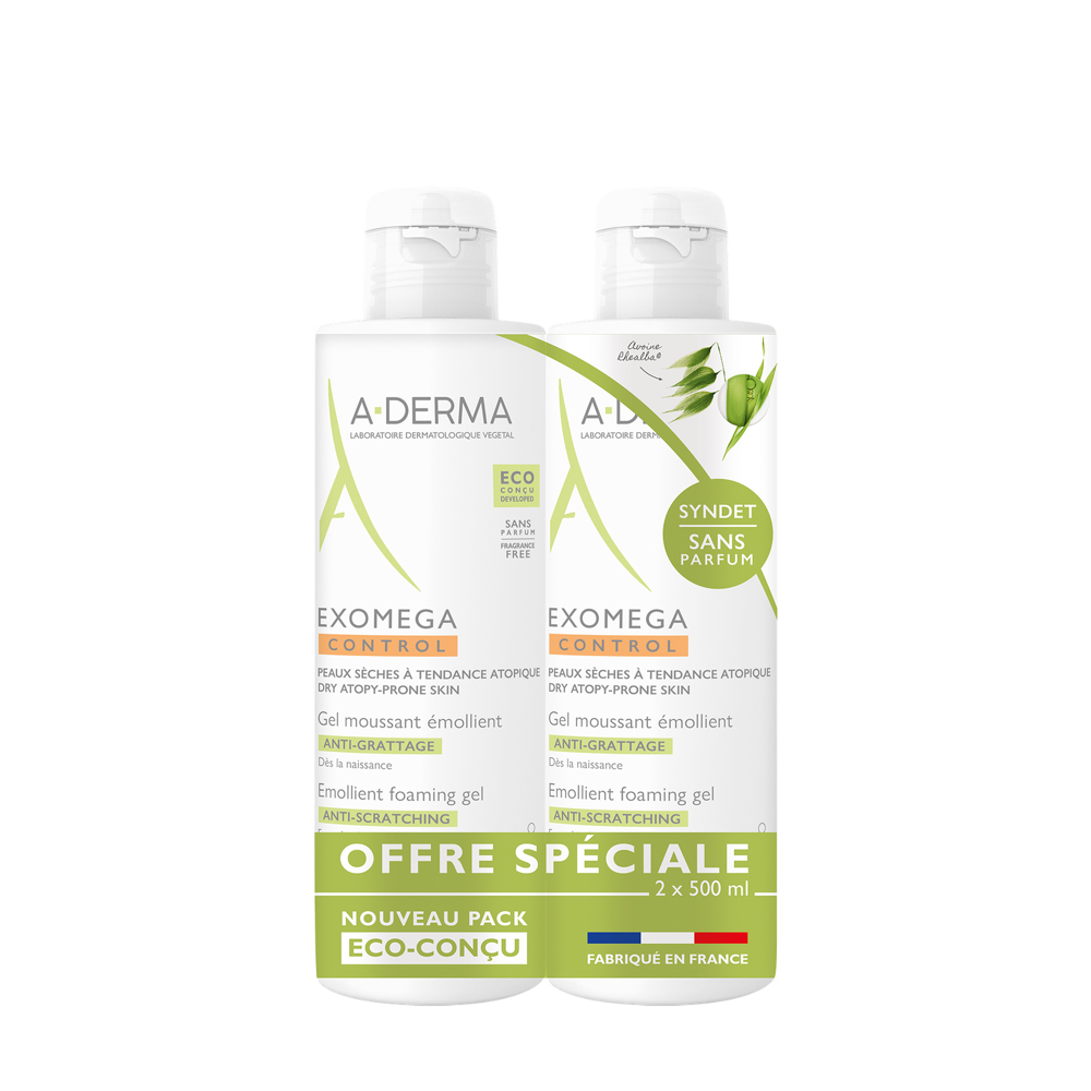 A-Derma - Exomega Control - Gel moussant émollient anti-grattage Offre spéciale duo 2x500ml