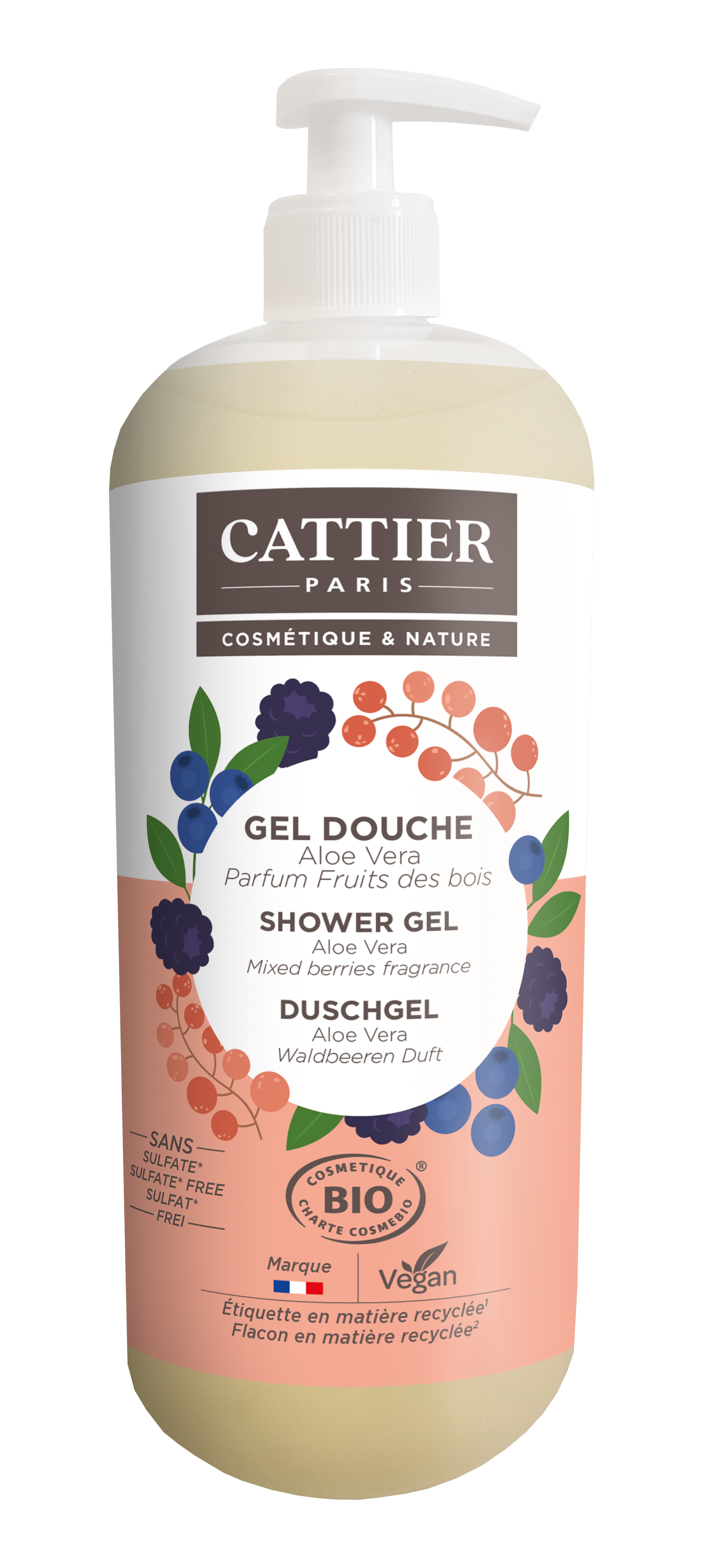 Cattier gel douche sans sulfate aloe vera fruits des bois bio - vue 2