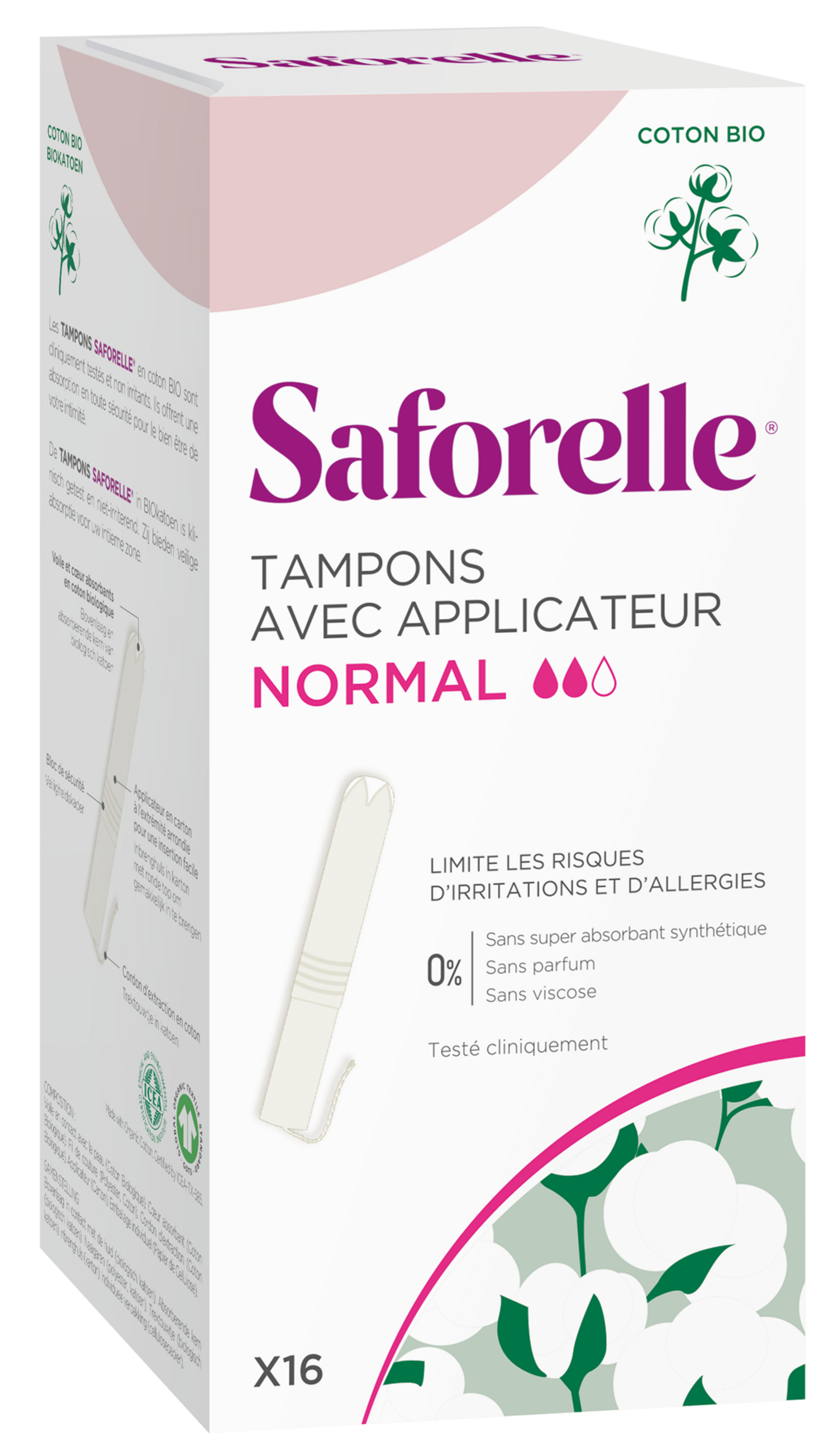 Saforelle coton protect tampons normal avec applicateurs boîte de 16
