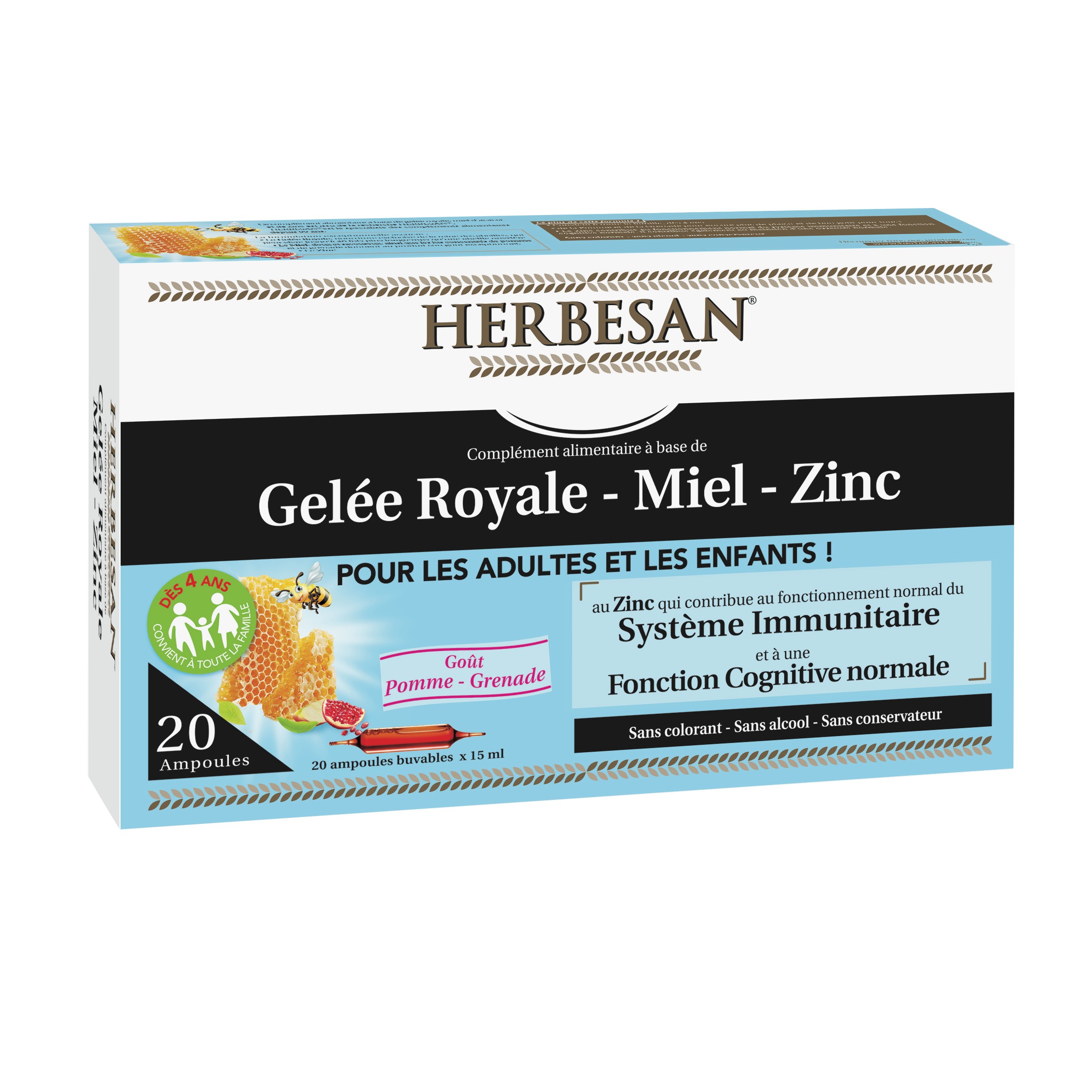 Gelée royale 400mg + miel + zinc - 20 ampoules de 15ml