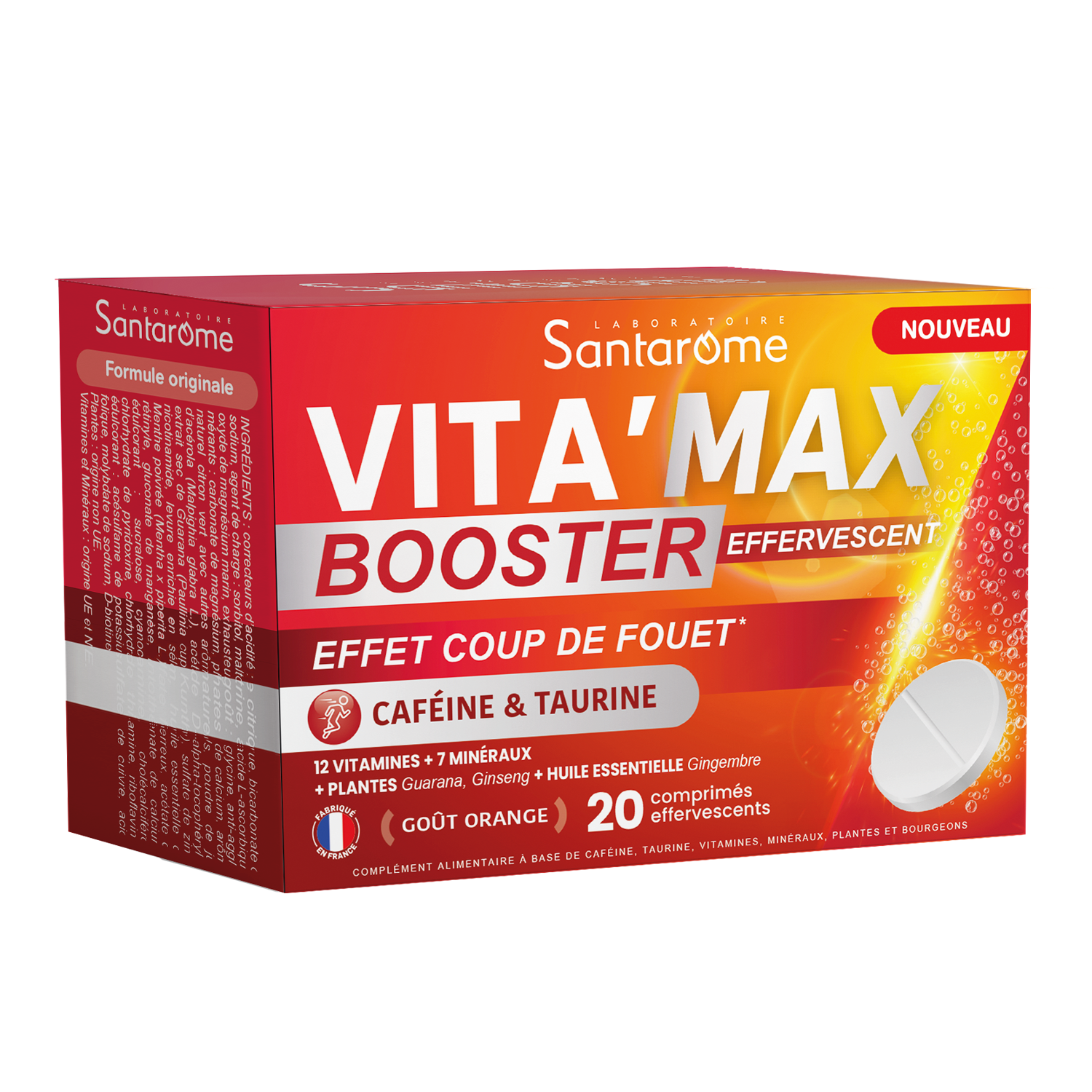 Complément Alimentaire Vita'max Booster Effervescent À La Caféine Et Taurine Santarome La Boite De 20 Comprimés