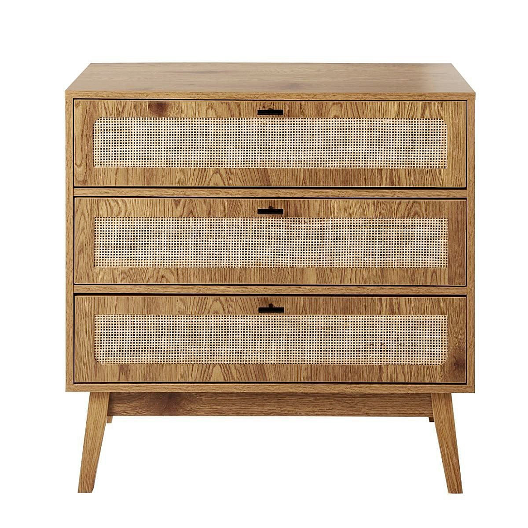 Calicosy Commode 3 tiroirs avec façades en rotin et pieds en bois L80 cm - ALIA