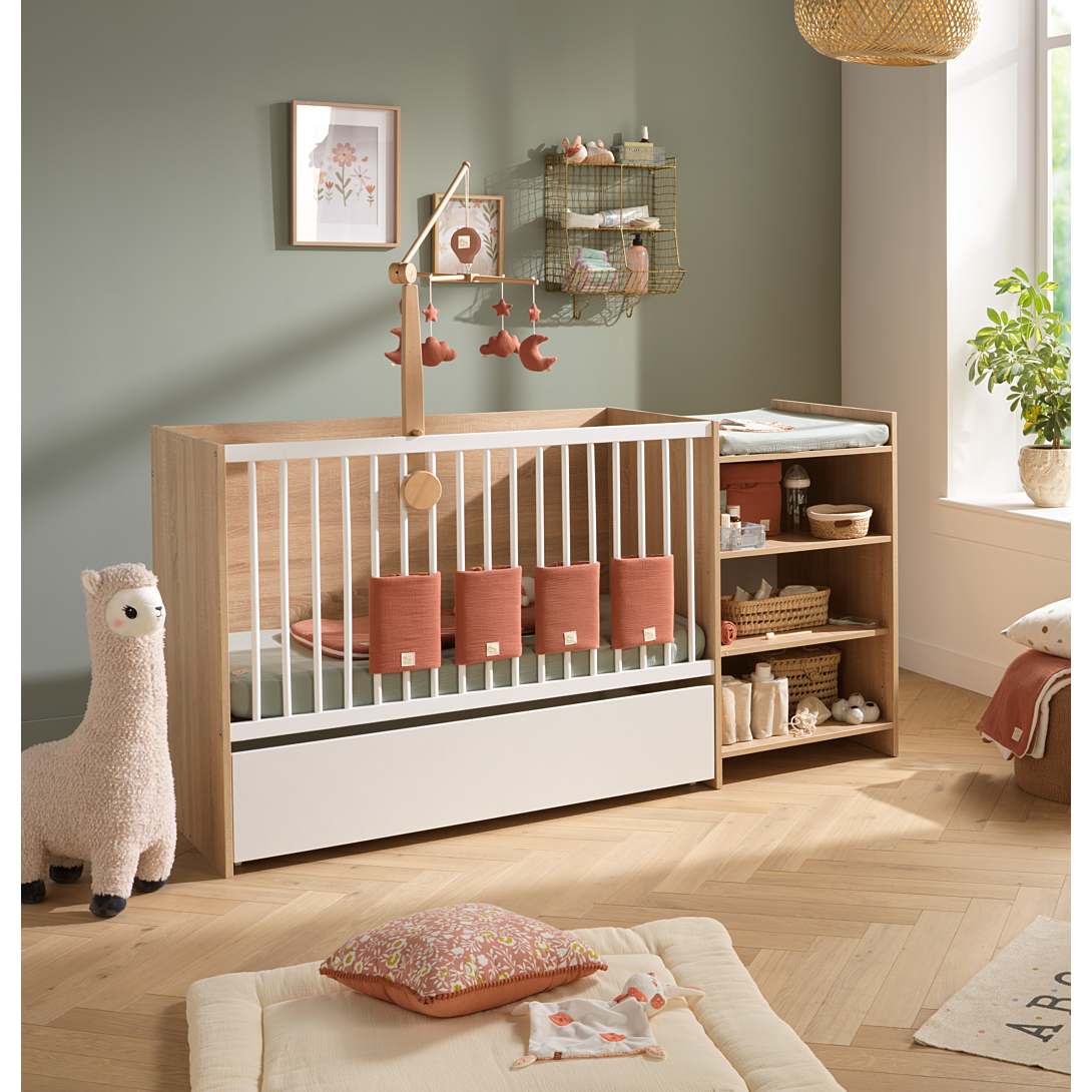 Lit combiné 120x60 évolutif en 90x190 avec étagères Chêne doré