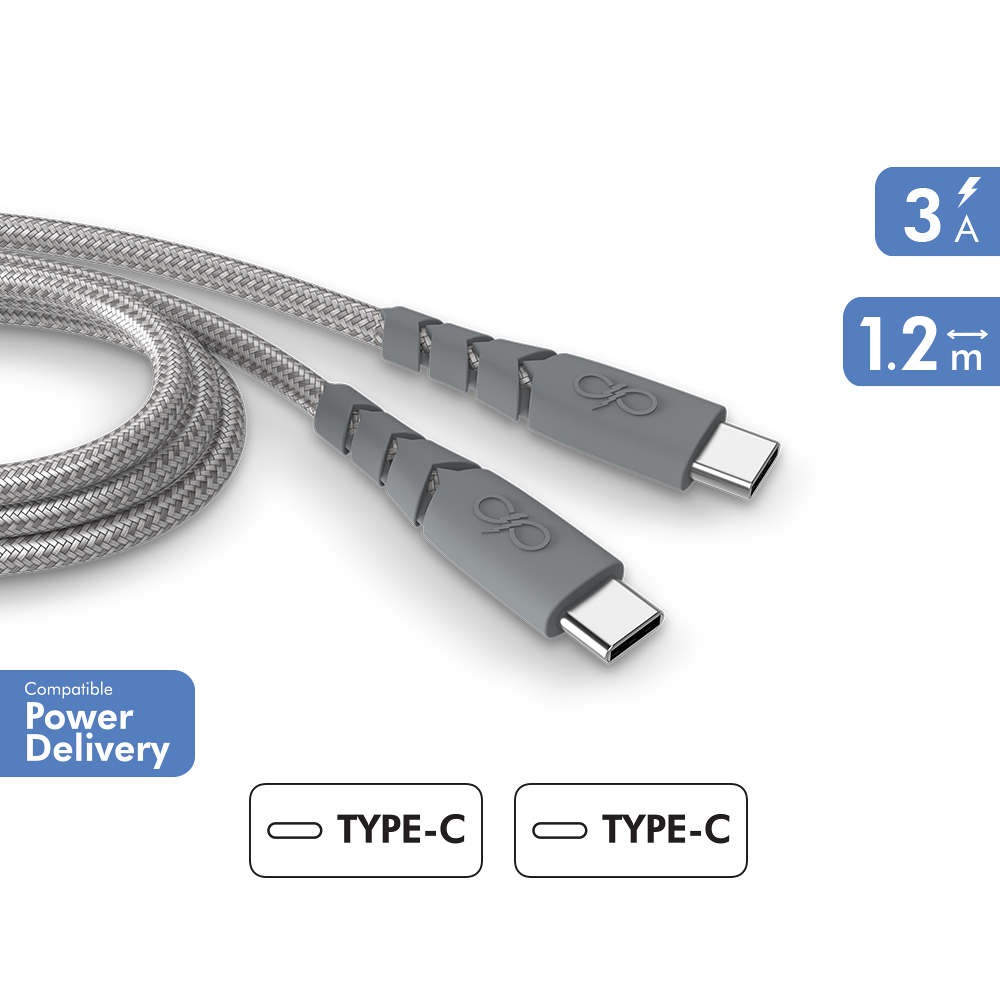 FORCE POWER FPCBLCC1M2MRG - Câble UltraRenforcé C/C 1.2m 3A Recyclé Gris
