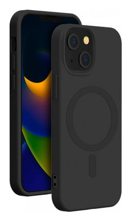 Coque iPhone 15 Plus Compatible MagSafe Silicone Noire + Dragonne amovible Bigben