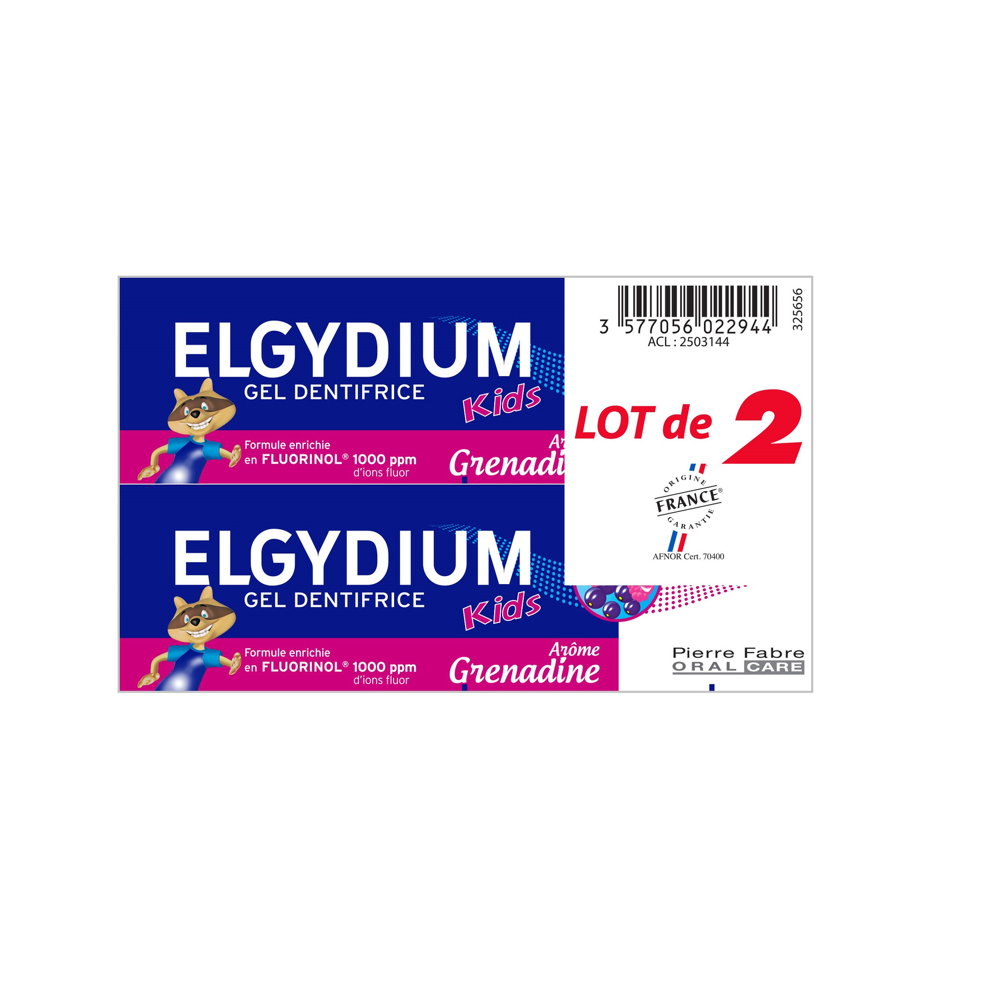 Elgydium Kids - Dentifrice Protection Caries Grenadine 2/6 ans duo 2x50ml