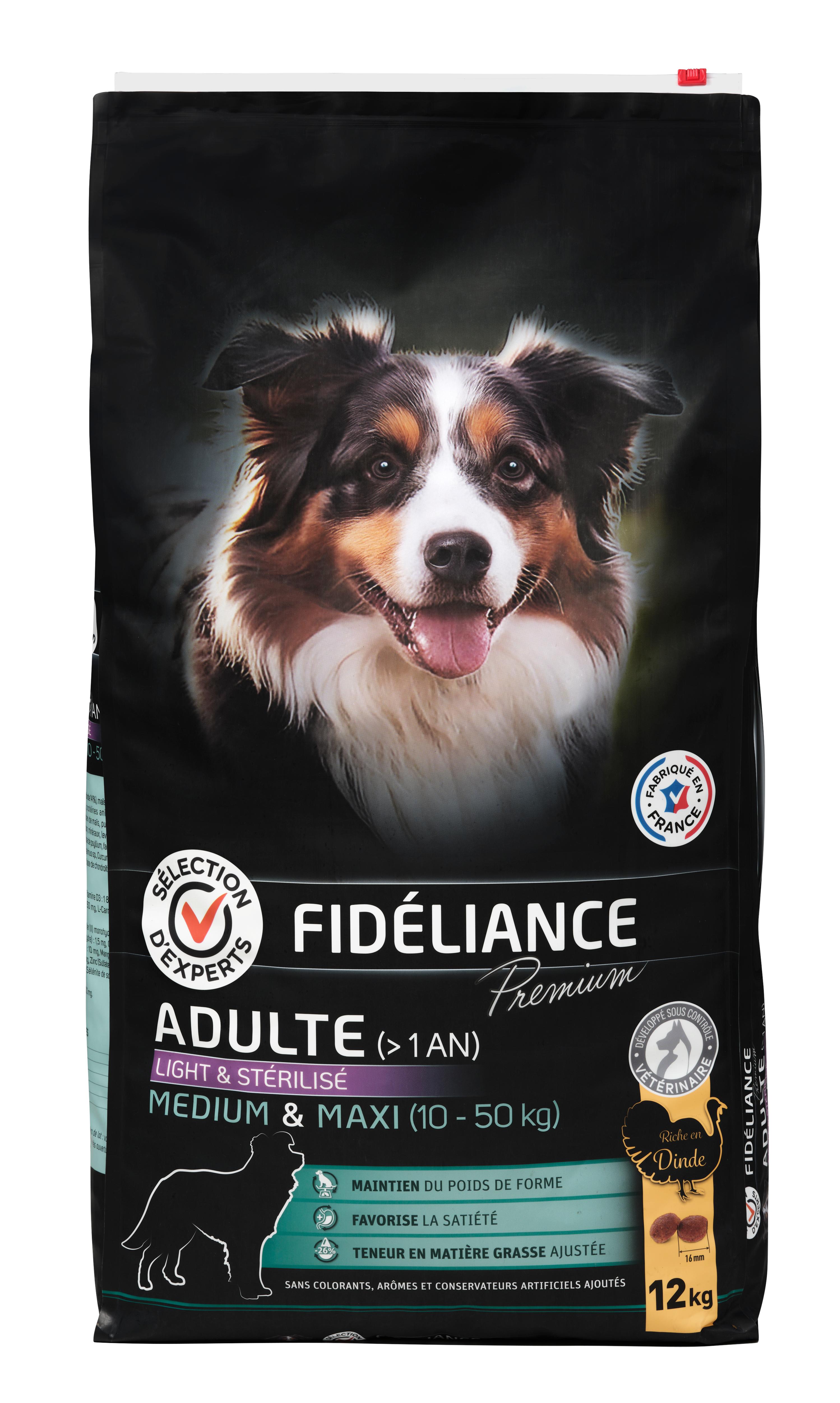 Comparer les prix de Croquettes chien adulte riche en dinde light & stérilisé, Medium & Maxi, 12kg - Sélection d'Experts - Fidéliance Premium