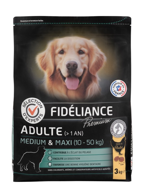 Comparer les prix de Croquettes chien adulte riche en poulet, Medium & Maxi, 3kg - Sélection d'Experts - Fidéliance Premium