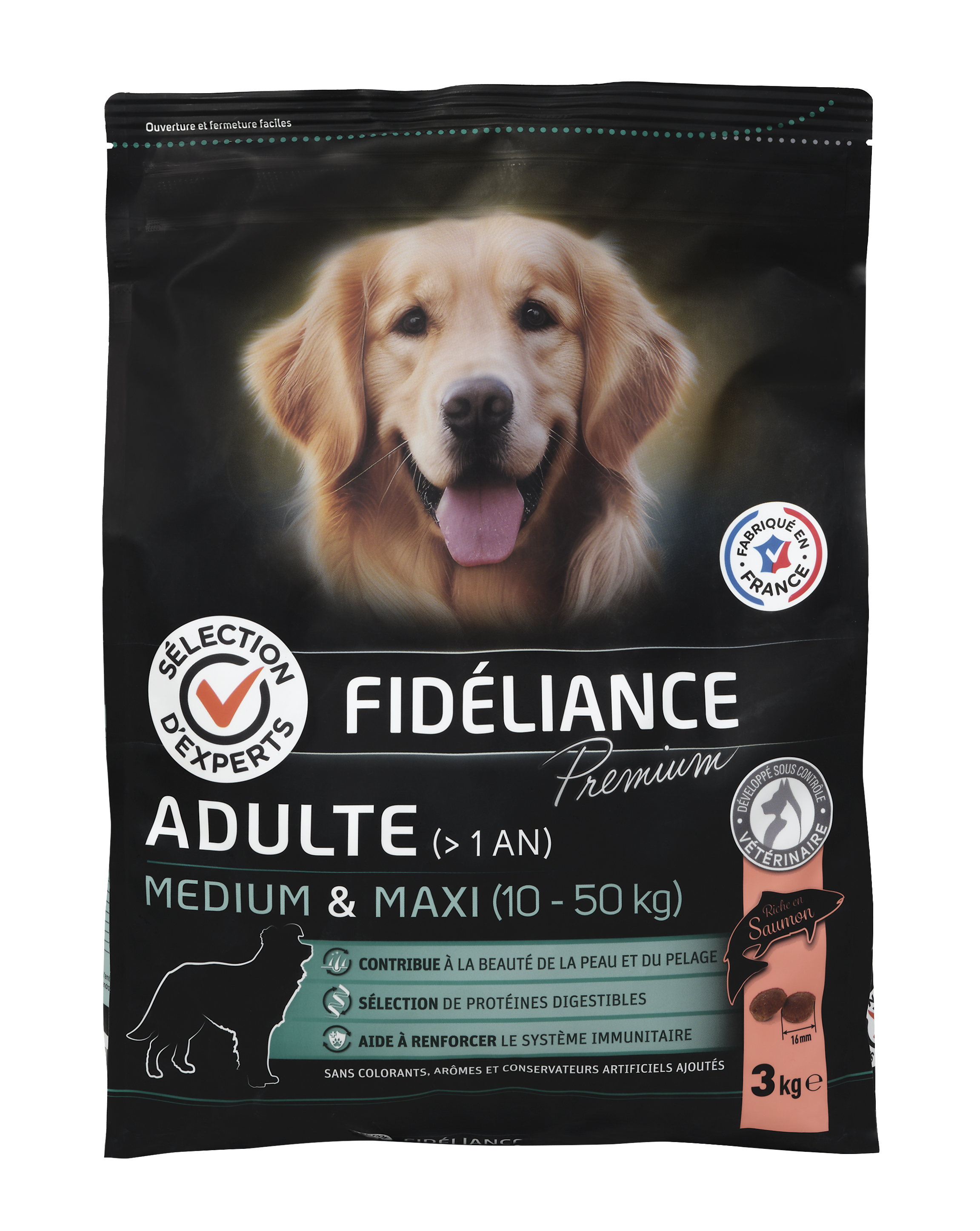 Meilleurs prix pour Croquettes chien adulte riche en saumon, Medium & Maxi, 3kg - Sélection d'Experts - Fidéliance Premium