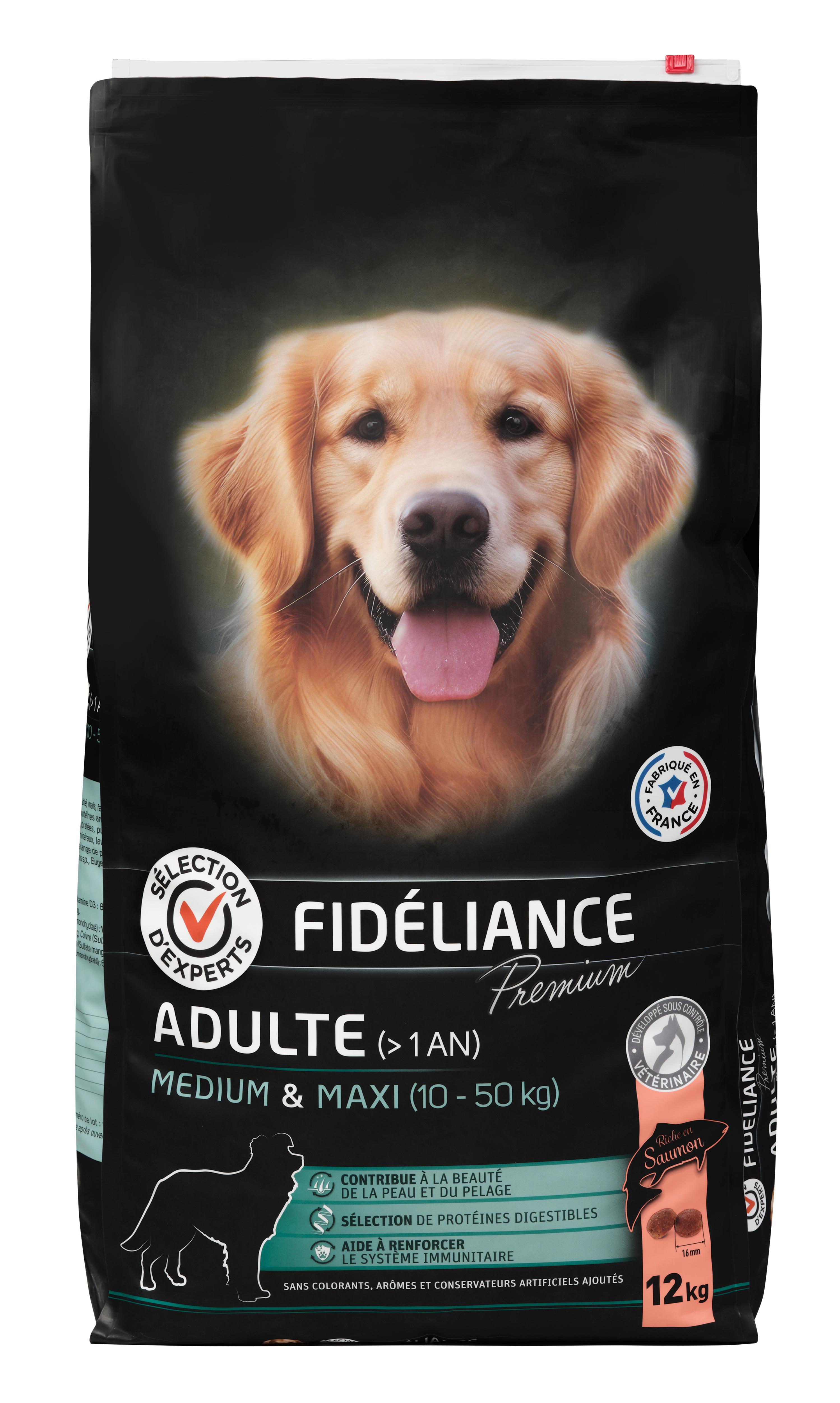 Comparer les prix de Croquettes chien adulte riche en saumon, Medium & Maxi, 12kg - Sélection d'Experts - Fidéliance Premium