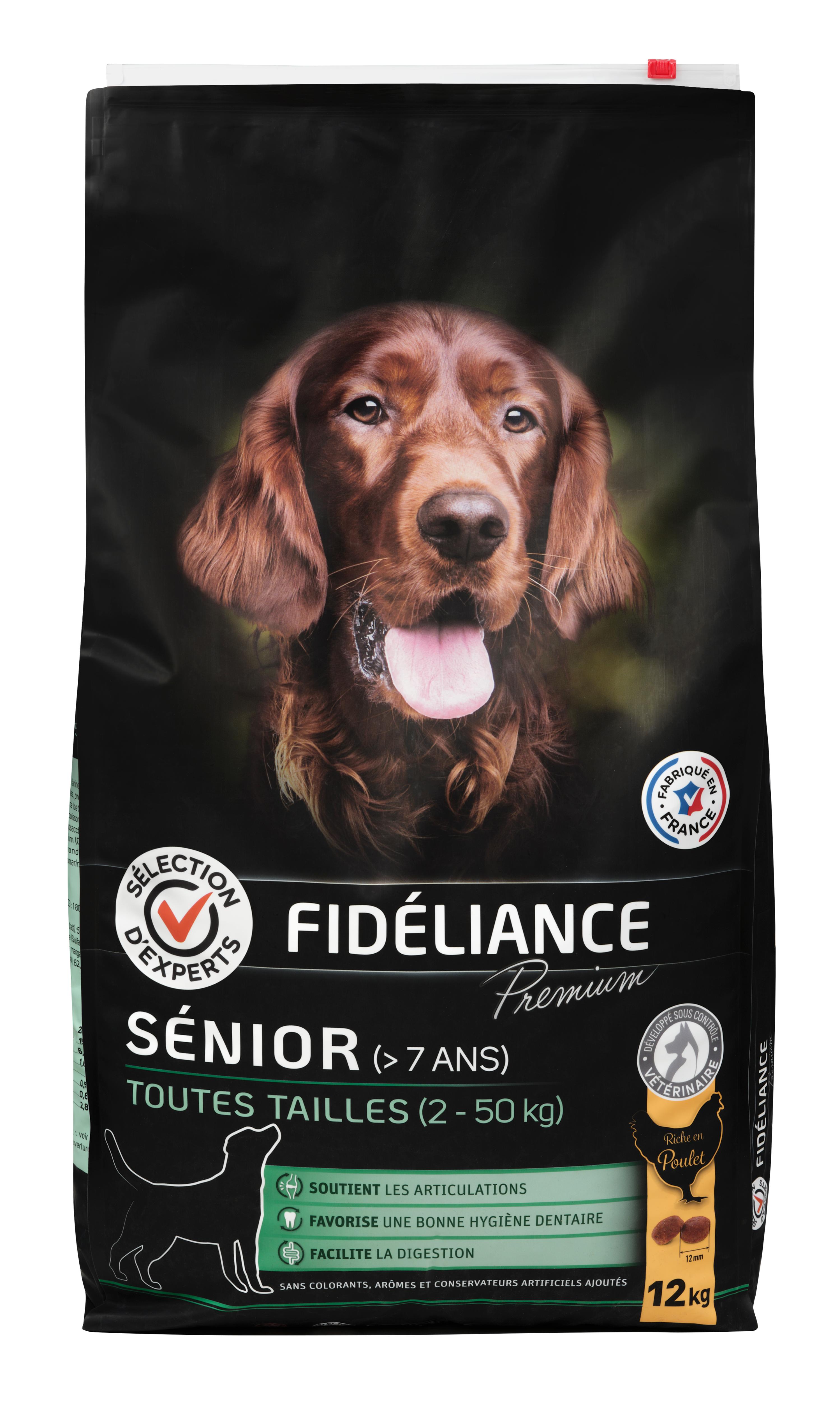 Comparer les prix de Croquettes chien senior riche en poulet, Toutes tailles, 12kg - Sélection d'Experts - Fidéliance Premium