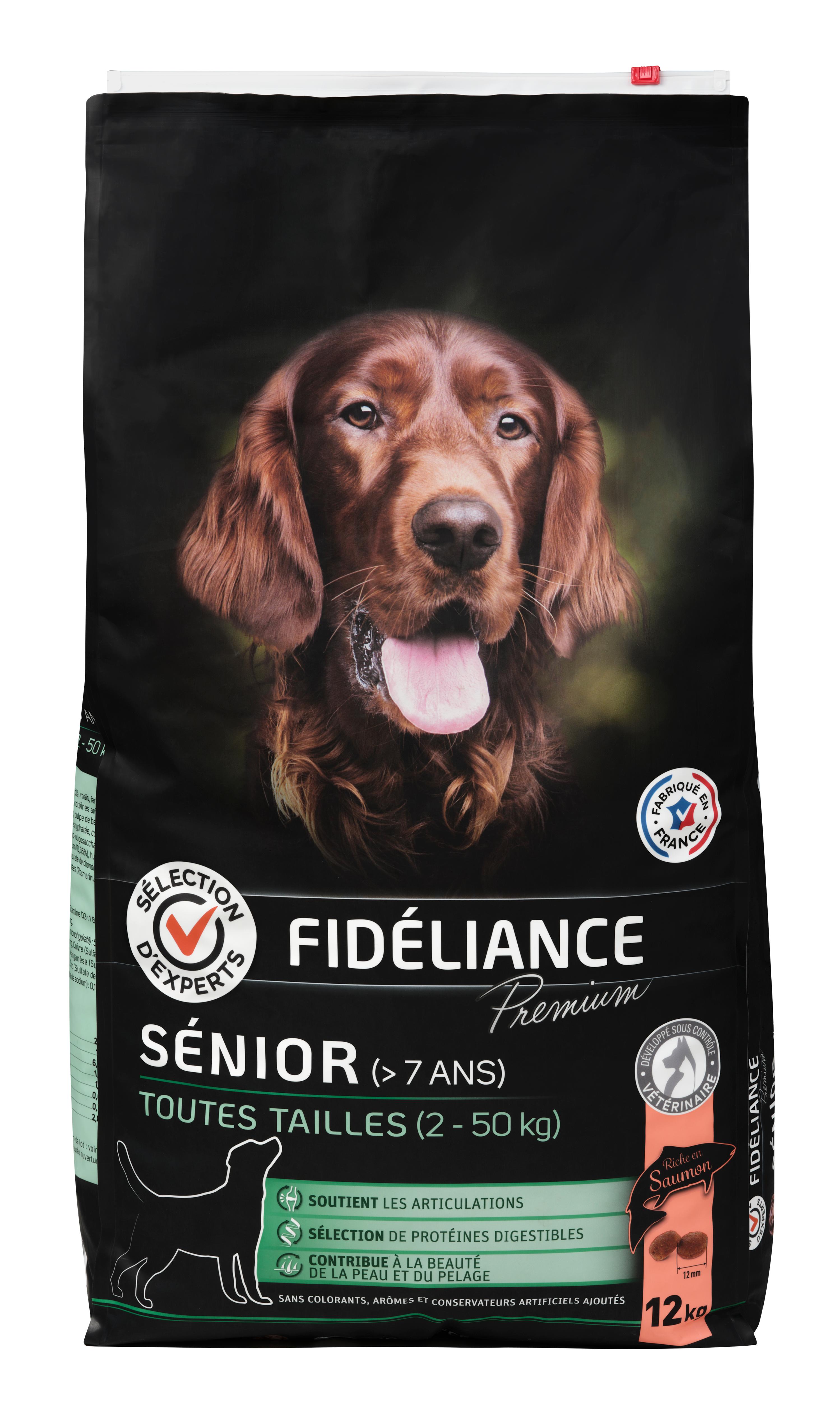 Comparer les prix de Croquettes chien senior riche en saumon, Toutes tailles, 12kg - Sélection d'Experts - Fidéliance Premium