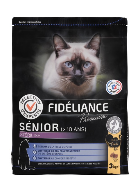 Comparer les prix de Croquettes chat sénior (7ans et +) stérilisé riche en dinde, 3kg - Sélection d'Experts - Fidéliance Premium