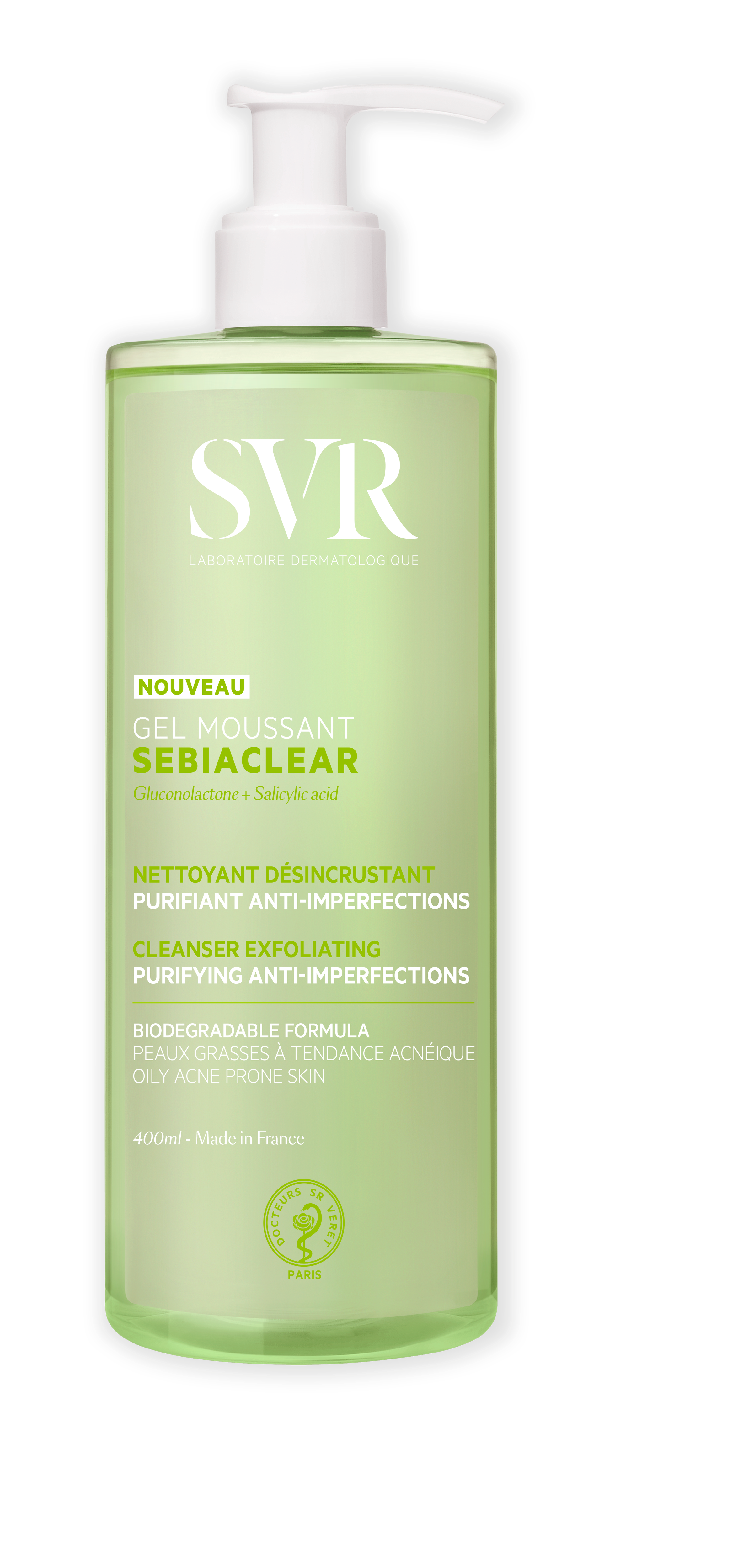 SVR Gel Moussant Visage & Corps Anti Imperfection Sebiaclear Pour Peau Sensible Mixte à Grasse à Tendance Acnéique Formulé avec des agents purifiants Flacon en Matière Recyclée 400 ml