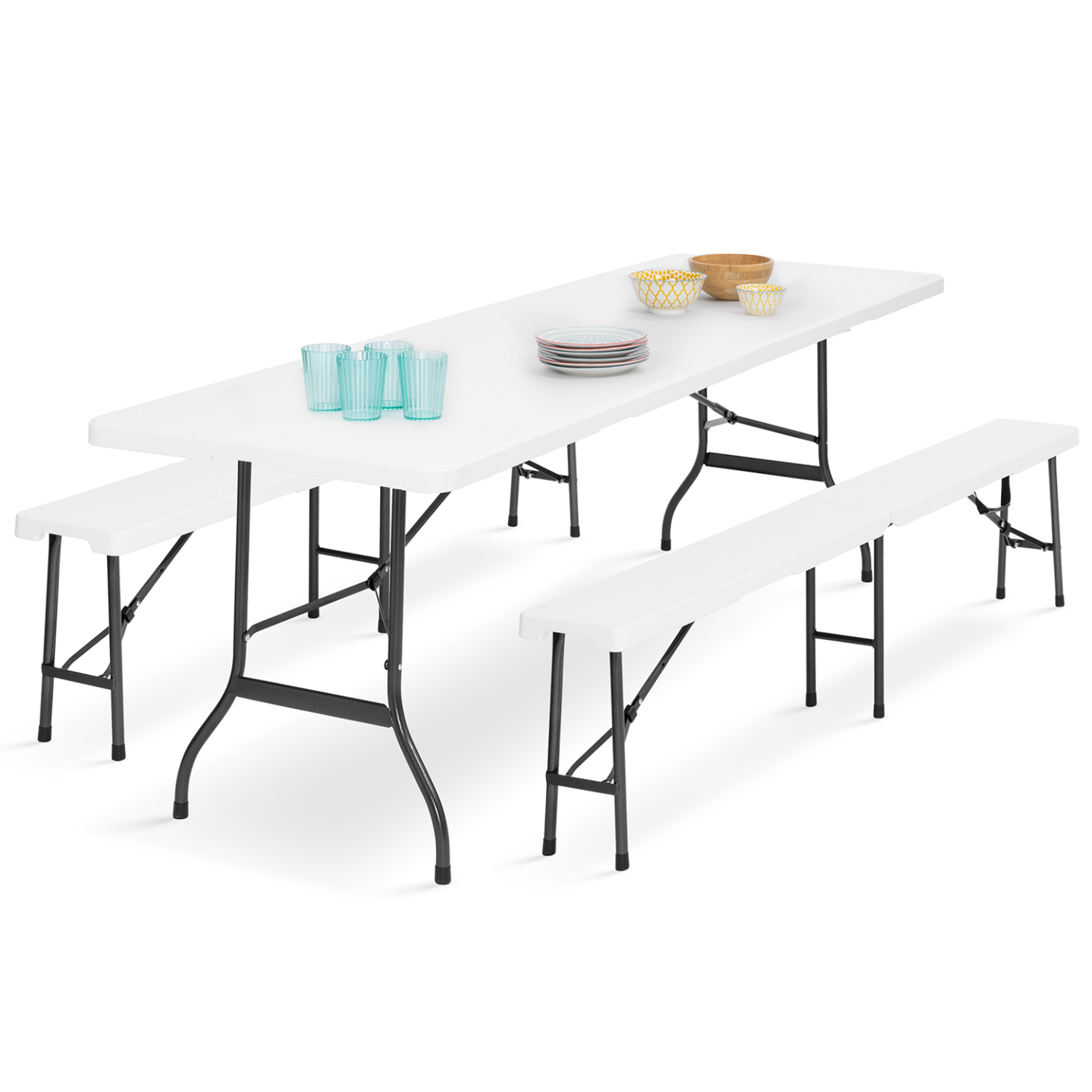 Ensemble Table Pliante Et Bancs Vounot 180cm HDPE - 8 Places Style Polyrotin Blanc