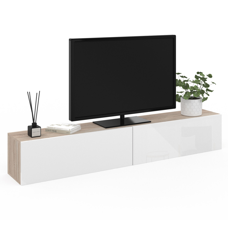Meuble TV 136 Cm Pour écran Jusqu’à 55 Pouces – Chêne Et Gris, 6 Niches, 6 Roulettes, Porte Coulissante