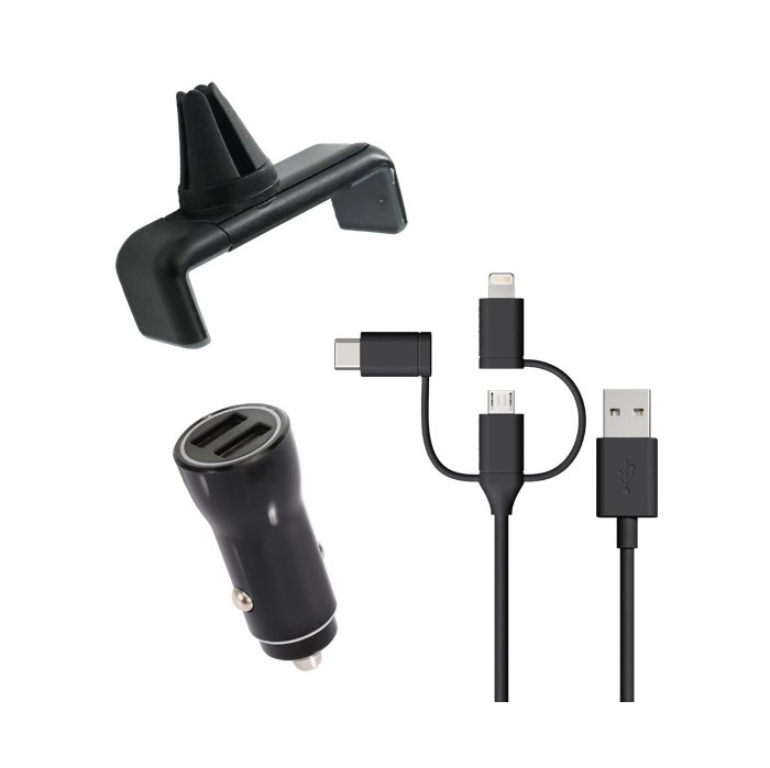 Pack 3 en 1 Chargeur de Voiture 2 USB A + Cable 3 en 1 + Support Grille - vue 1