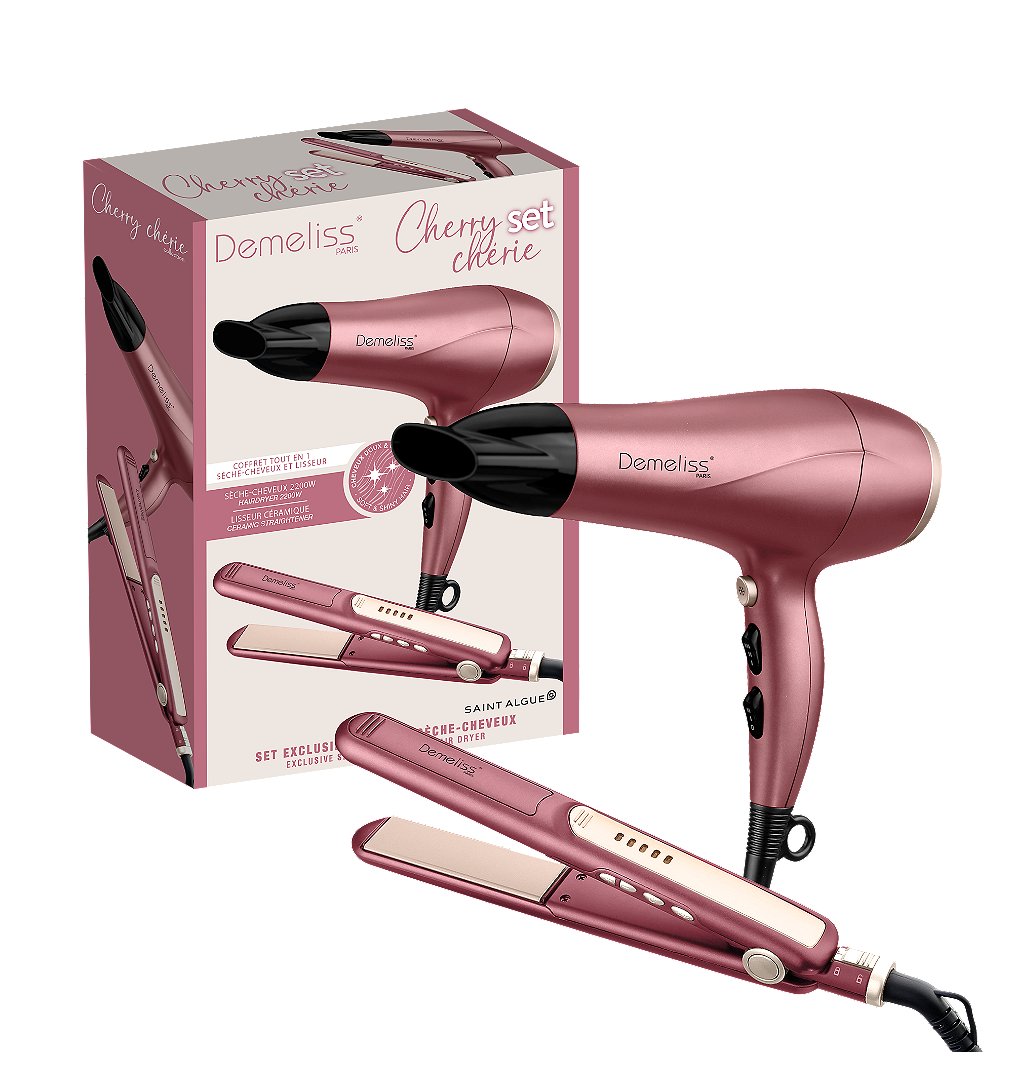 Coffret set lisseur + Sèche cheveux DEMELISS Cherry Chérie