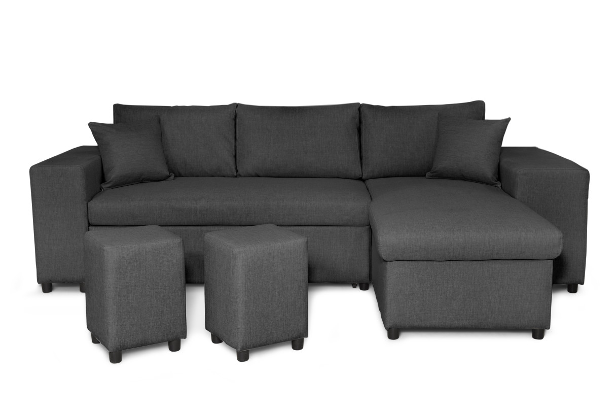 Canapé d'angle réversible MADY avec coffre accoudoir étagère et poufs gauche en tissu