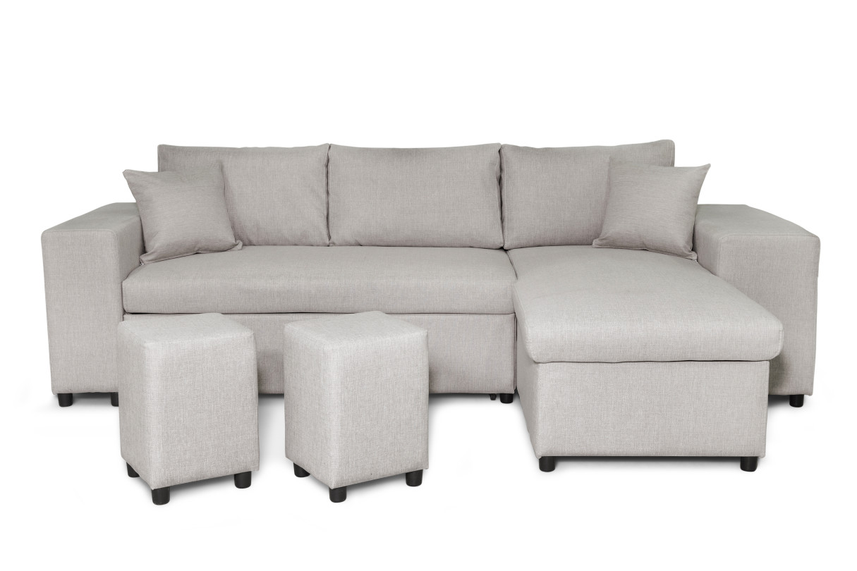 Canapé d'angle réversible MADY avec coffre accoudoir étagère et poufs gauche en tissu - vue 2