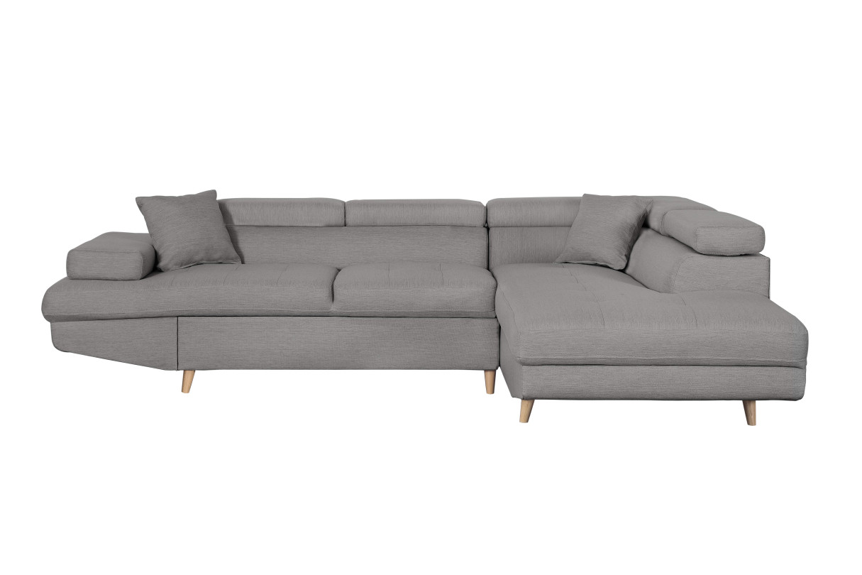 Canapé d'angle droit convertible RIO Scandinave avec coffre en tissu Pieds bois