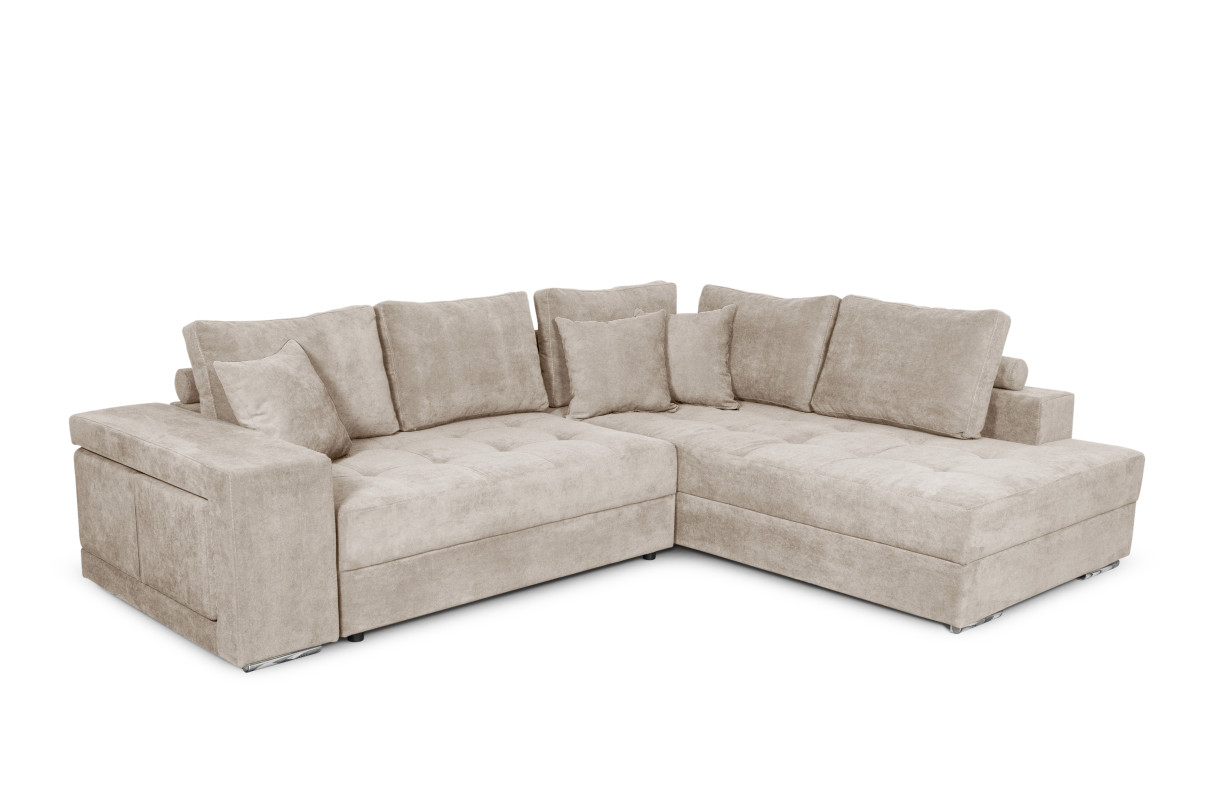 Canapé d'angle TAMIA convertible avec coffre et 2 poufs en tissu Angle Droit