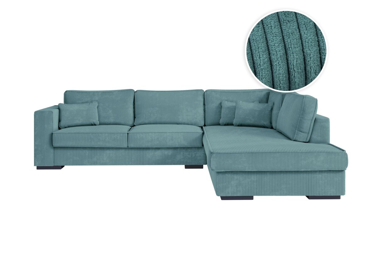Canapé d'angle BELAMI 6 places XXL en velours côtelé - Angle droit - Bleu clair