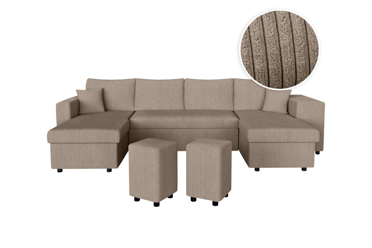 Canapé panoramique OSLO convertible avec 2 coffres 2 poufs à droite en velours côtelé - vue 3