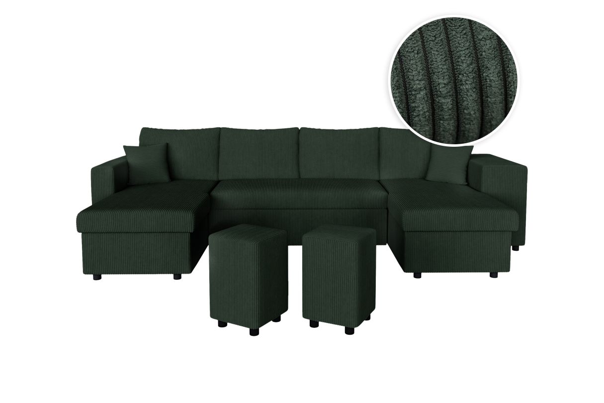 Canapé panoramique OSLO convertible avec 2 coffres 2 poufs à droite en velours côtelé