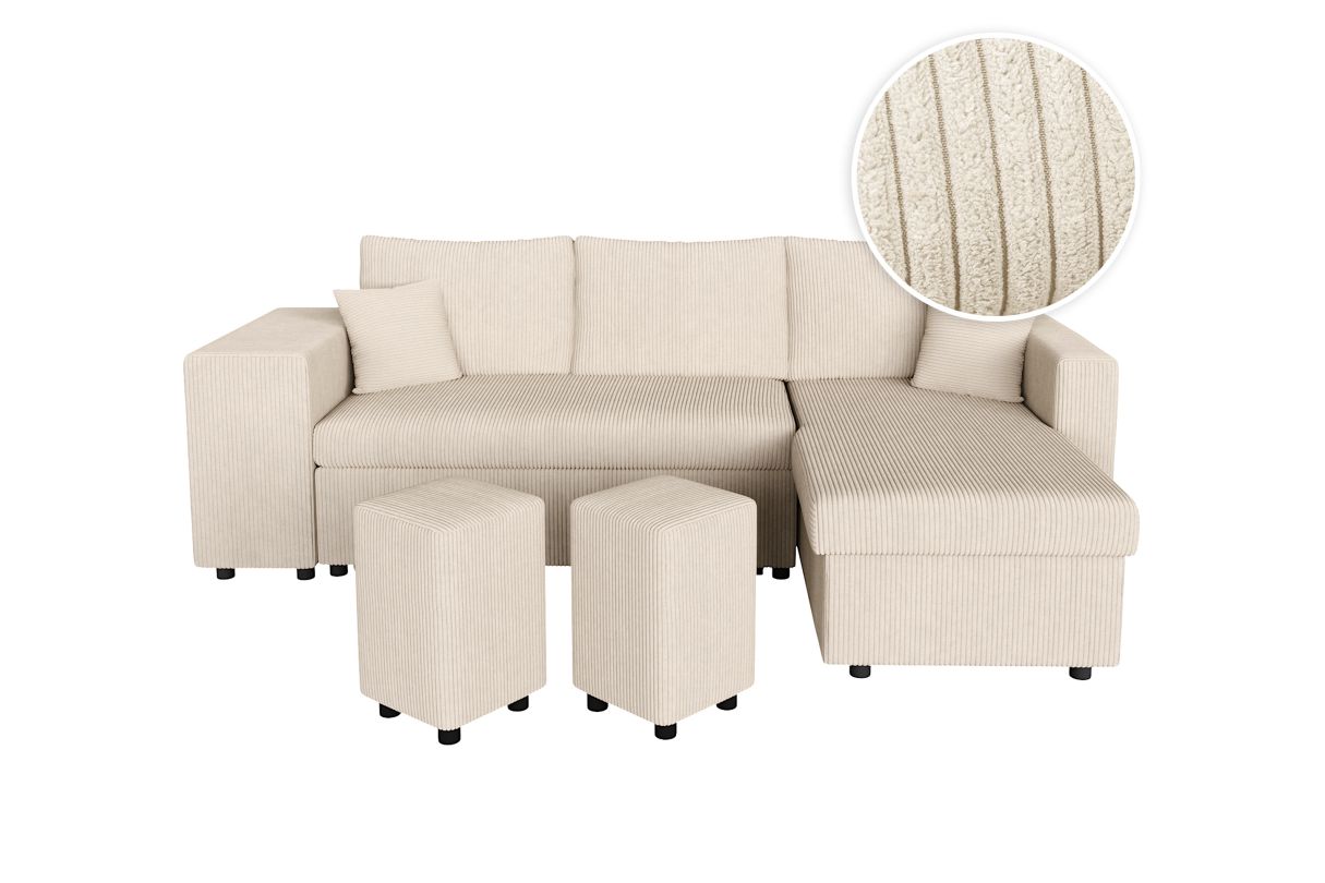 Canapé d'angle réversible convertible OSLO avec coffre 2 poufs à gauche en velours côtelé - vue 2