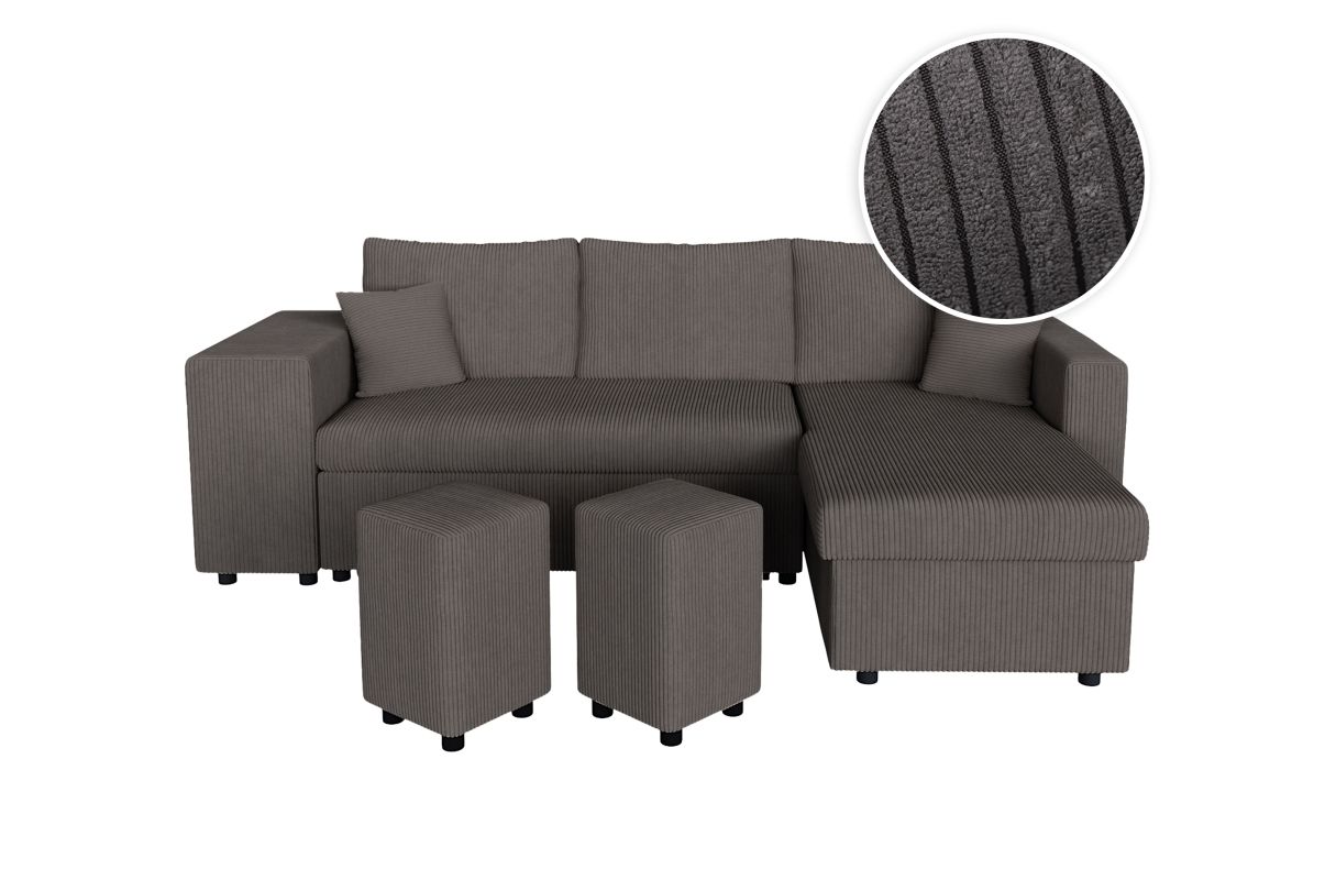 Canapé d'angle réversible convertible OSLO avec coffre 2 poufs à gauche en velours côtelé - vue 3