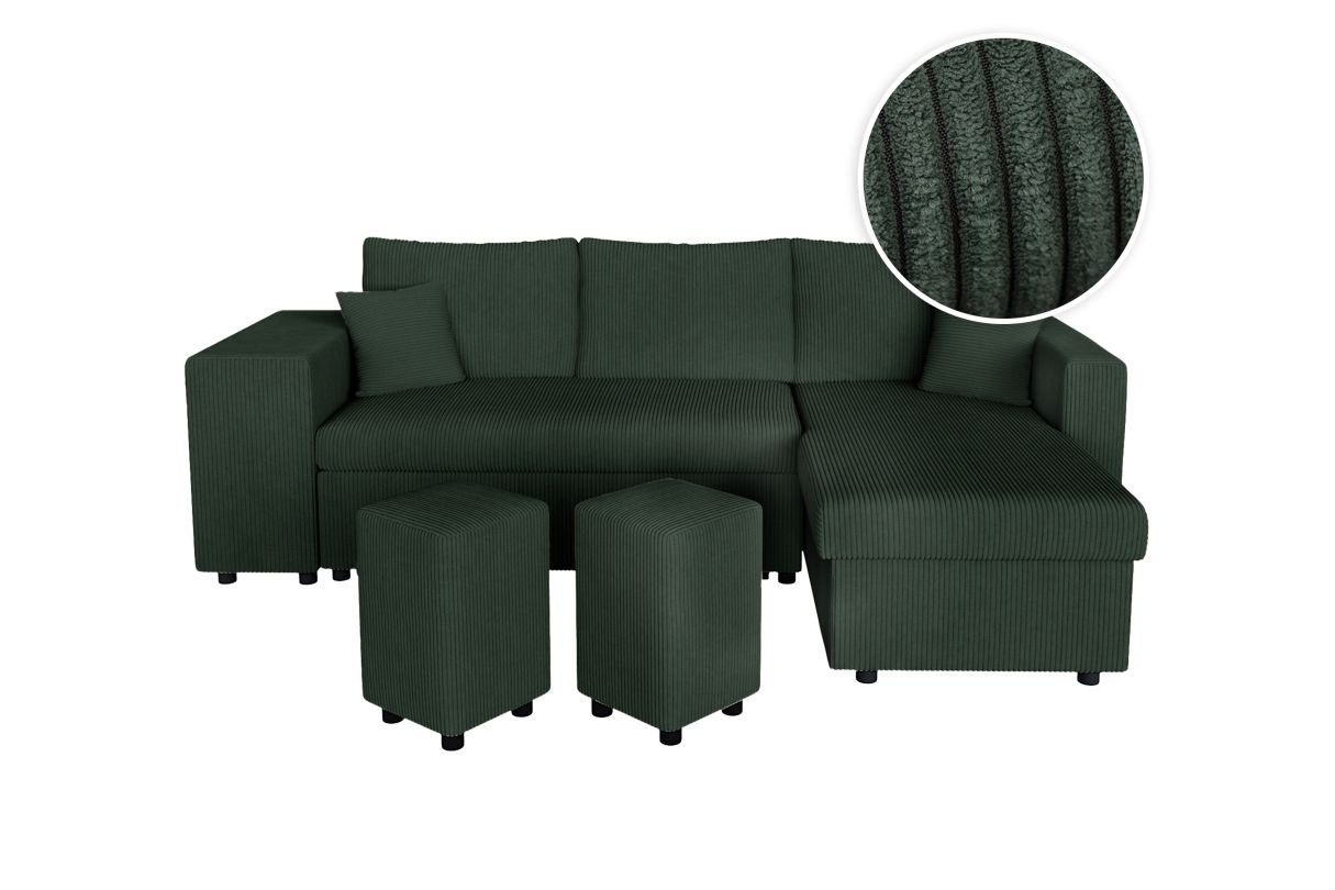 Canapé d'angle réversible convertible OSLO avec coffre 2 poufs à gauche en velours côtelé