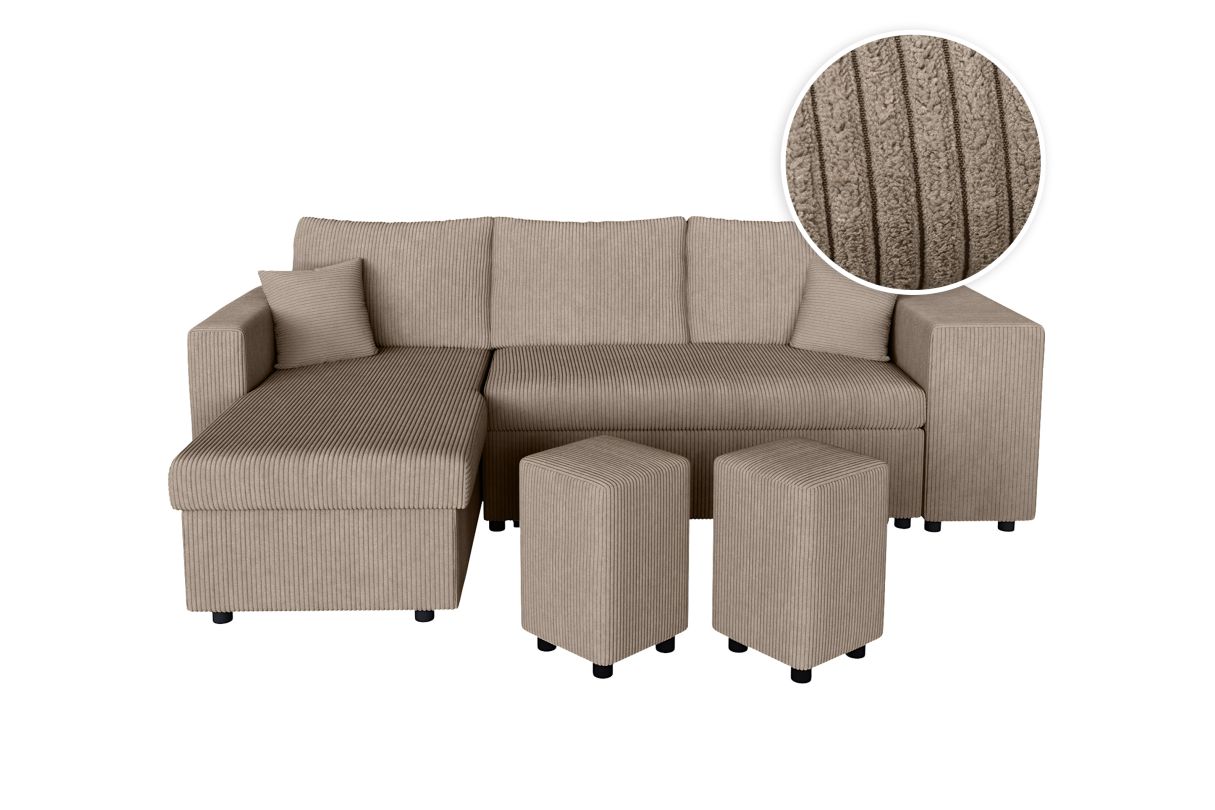 Canapé d'angle réversible convertible OSLO avec coffre 2 poufs à droite en velours côtelé - vue 3