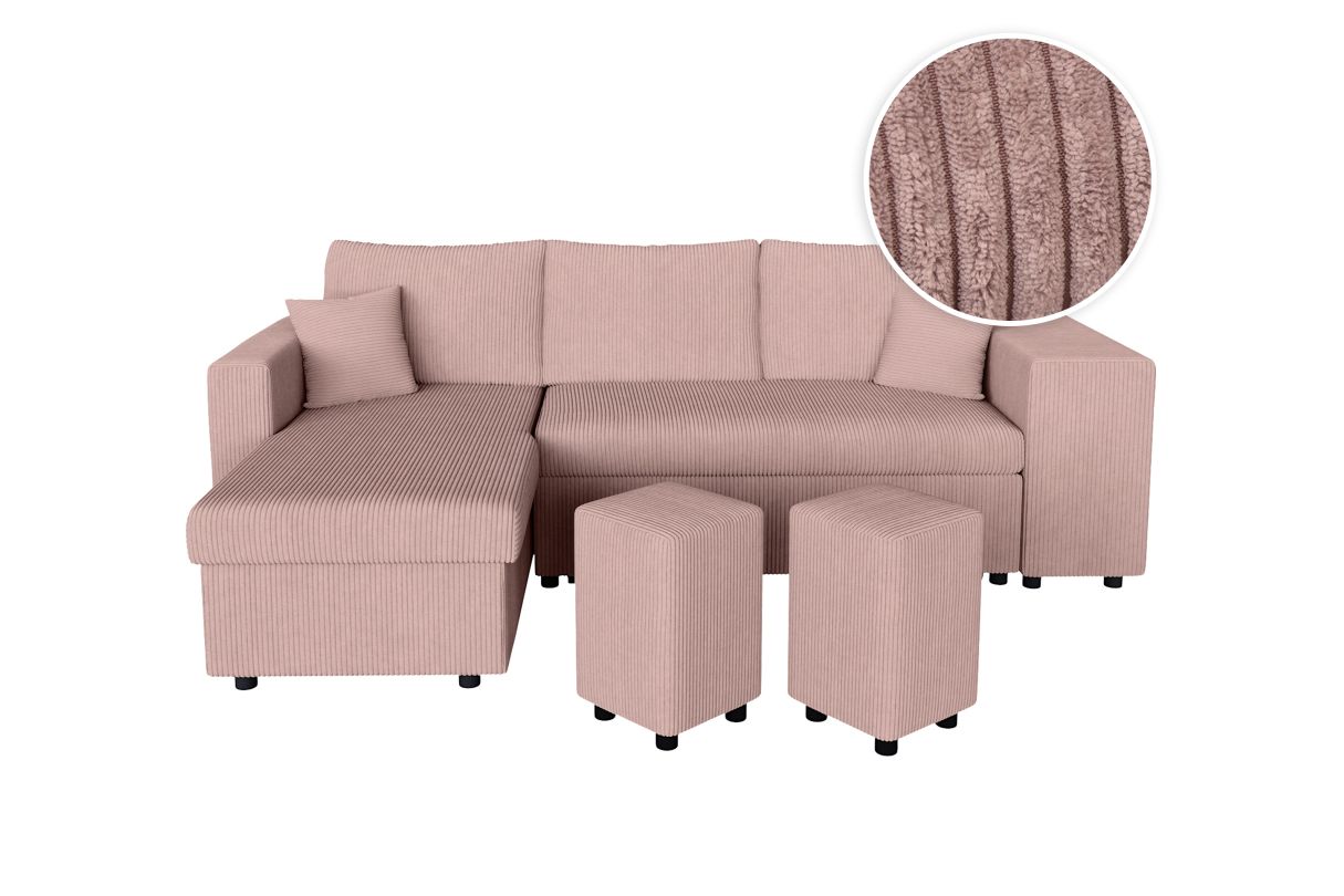 Canapé d'angle réversible convertible OSLO avec coffre 2 poufs à droite en velours côtelé