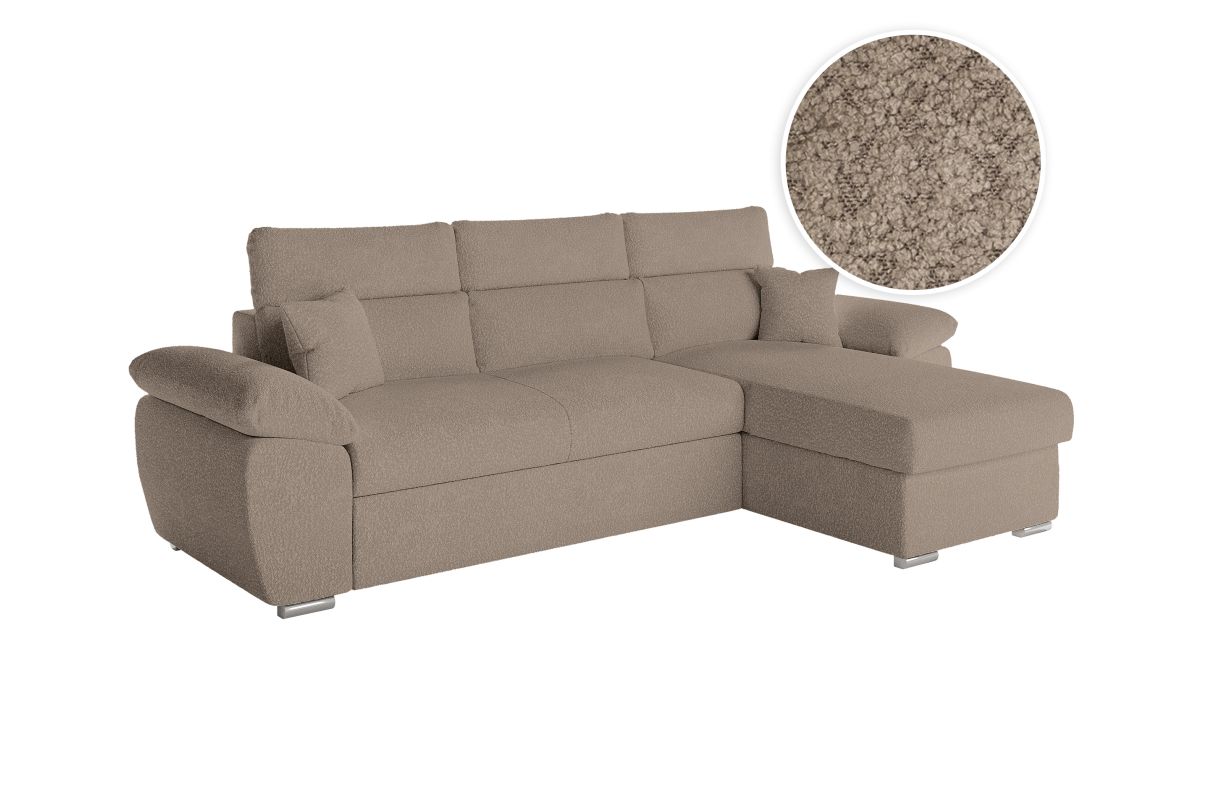Canapé KOMECO d'angle réversible convertible avec coffre et têtières en tissu bouclette