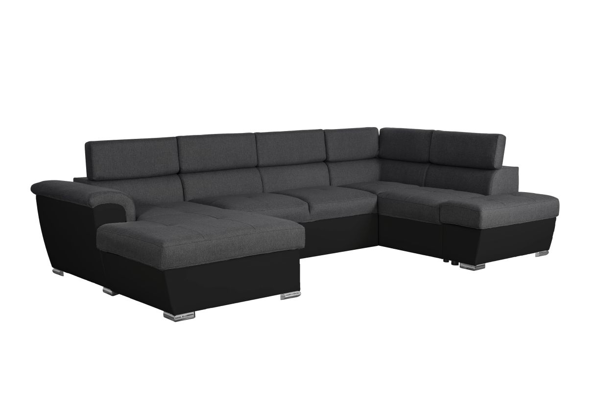 Canapé panoramique convertible avec 2 coffres PAOLA en tissu et simili