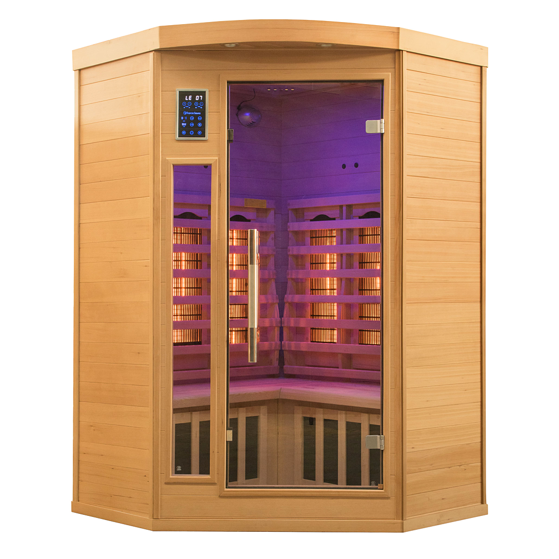 Sauna infrarouge Apollon 2 places angulaire épicéa radio technologie infrarouge panneau carbone au sol bois massif épicéa canadien chro