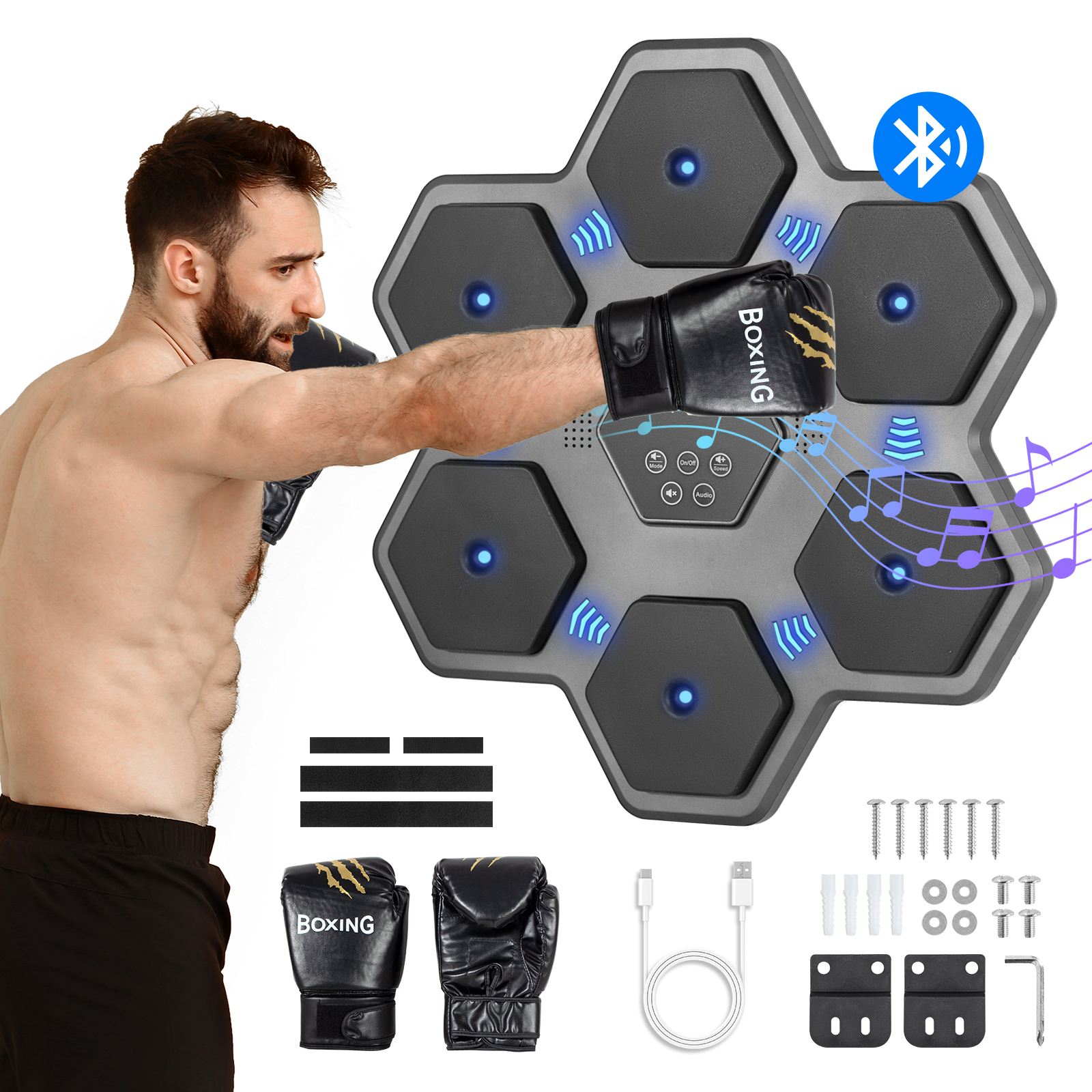 Machine De Boxe Musicale Prixton Combat BM100 - 9 Niveaux, Lumières Guidées, Bluetooth, Gants Inclus - Pour Fitness Et Défoulement